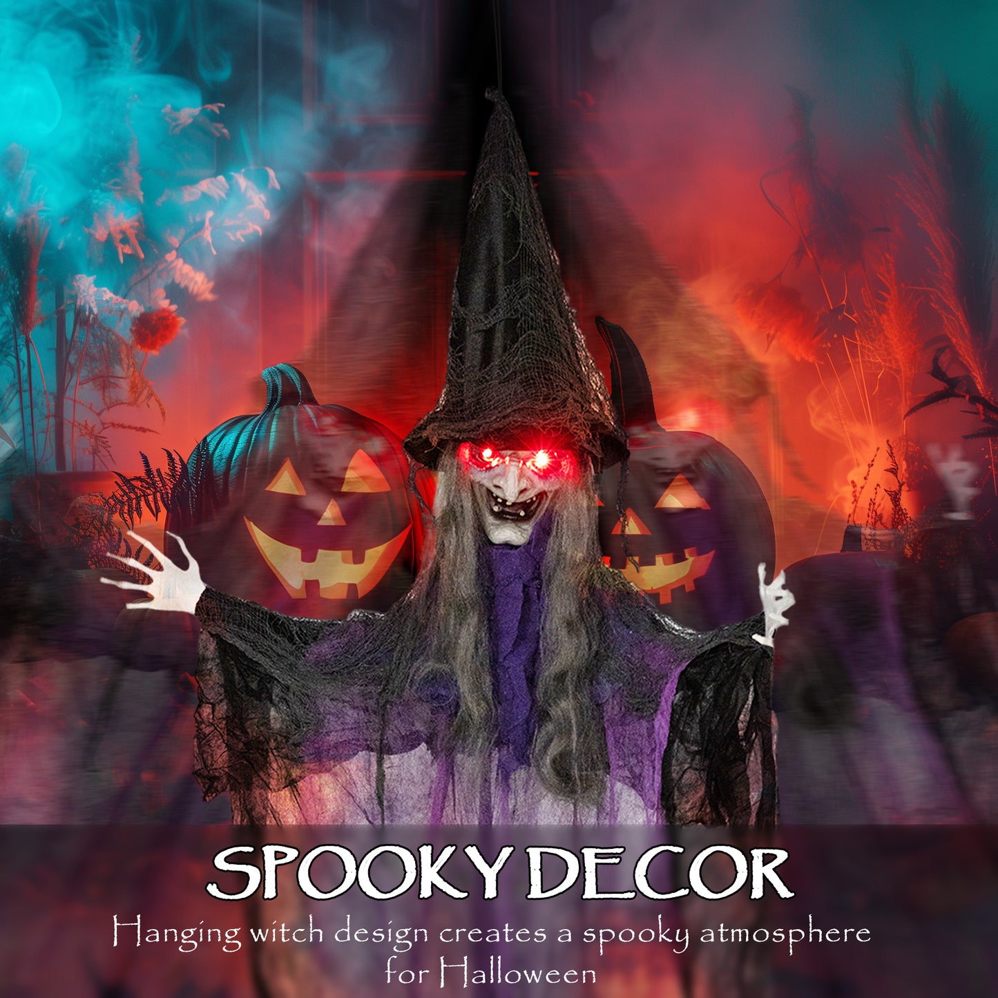 Outsunny 183 cm Life Size Halloween Animated Witch with Glowing LED Eyes, Battery Operated, Indoor Party Props, Black
