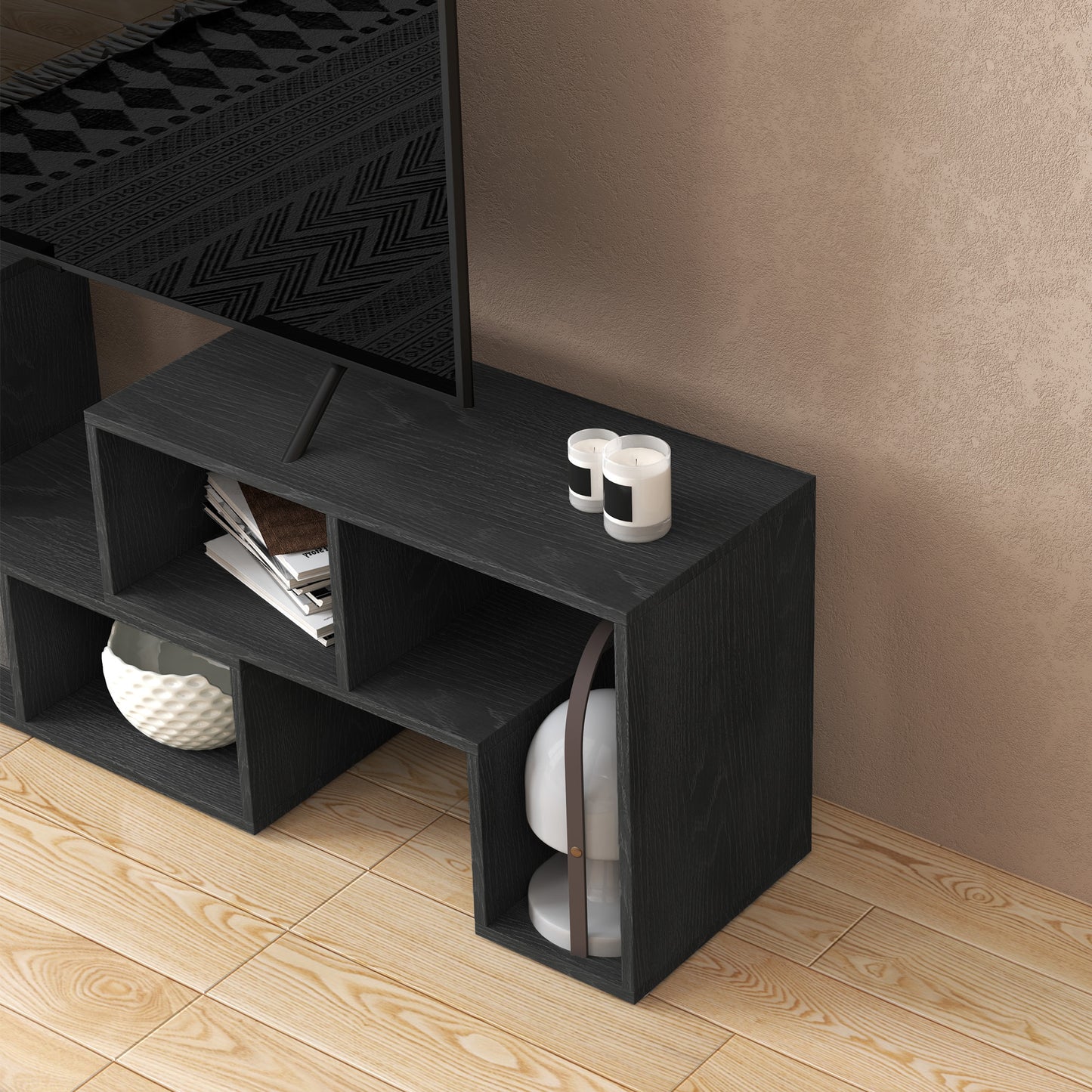 HOMCOM TV Stand for TVs up to 75", Storage Shelves, Extendable Unit, Black Wood Grain