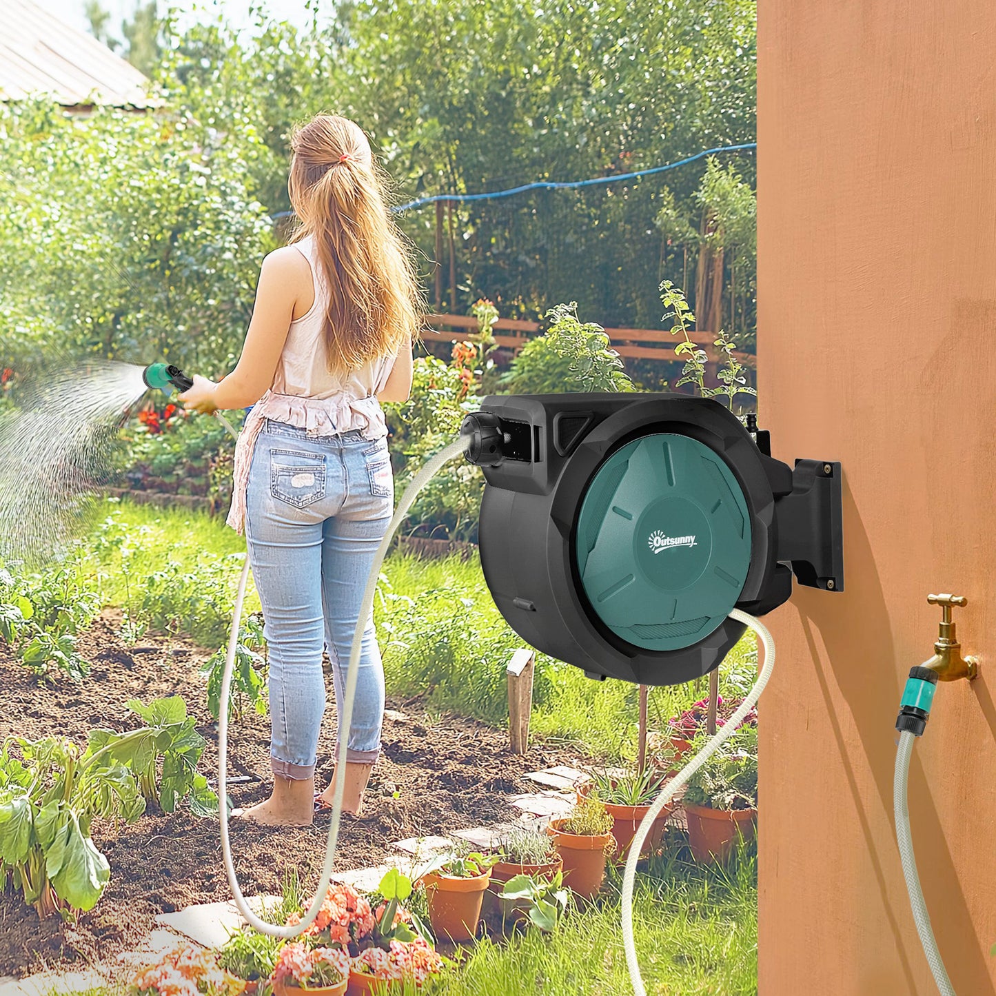 Outsunny Wall-Mounted Hose Reel 20+2m Auto Rewind Black