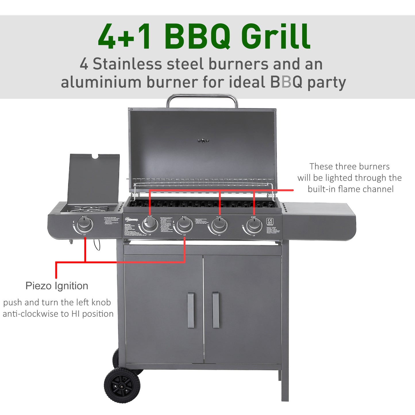 Outsunny 4+1 Burner Gas BBQ Grill, Trolley with Wheels, Warming Rack, Side Shelves, Thermometer, Grey