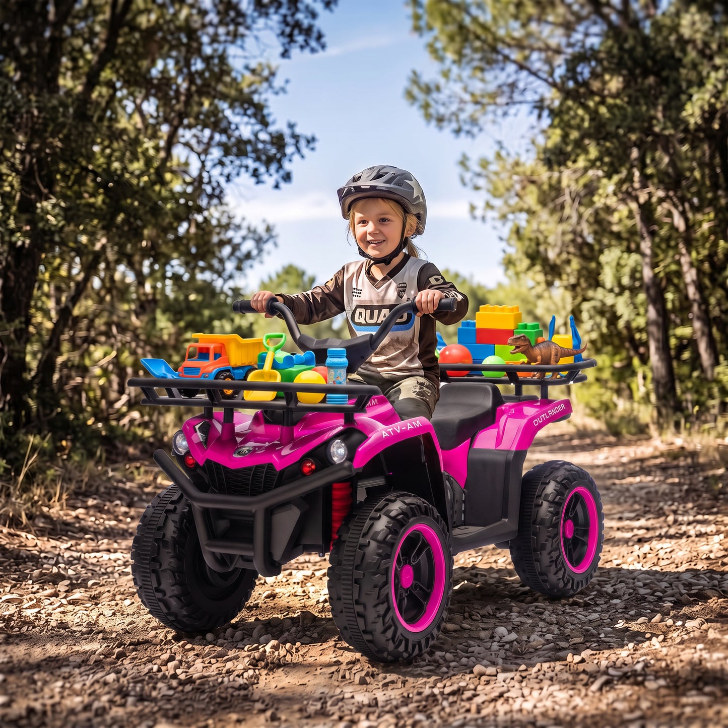 AIYAPLAY 12V Kids Electric Quad Bike, Ride on ATV with Dual Motors, Soft Start, Storage, Music, Lights for 3-8 Years, Pink