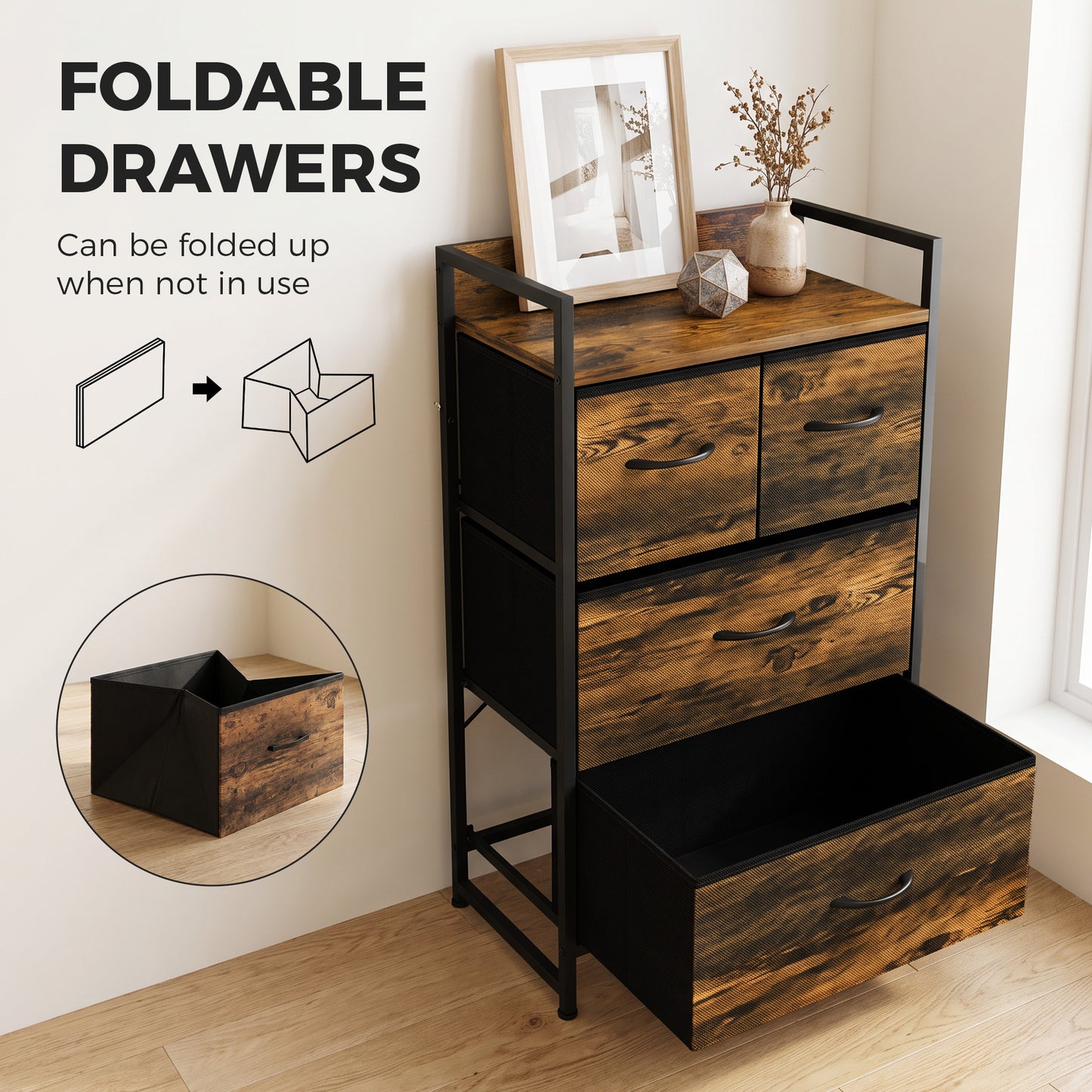 HOMCOM Rustic Chest of Four Fabric Drawers - Rustic Brown