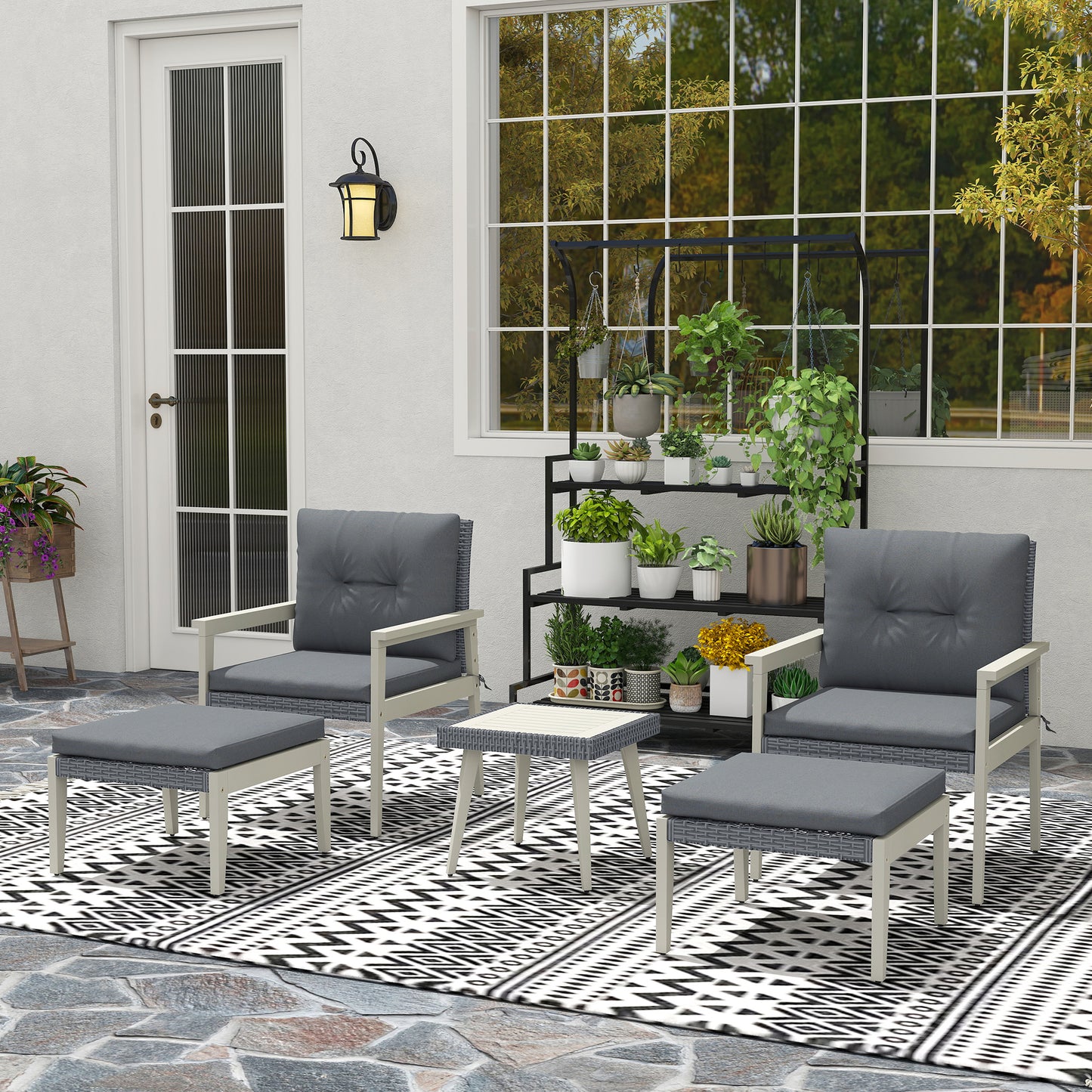 Outsunny 5-Piece Rattan Garden Furniture Set, Patio Conversation Set with Cushions, Wood Coffee Table & Footstools, Outdoor, Grey