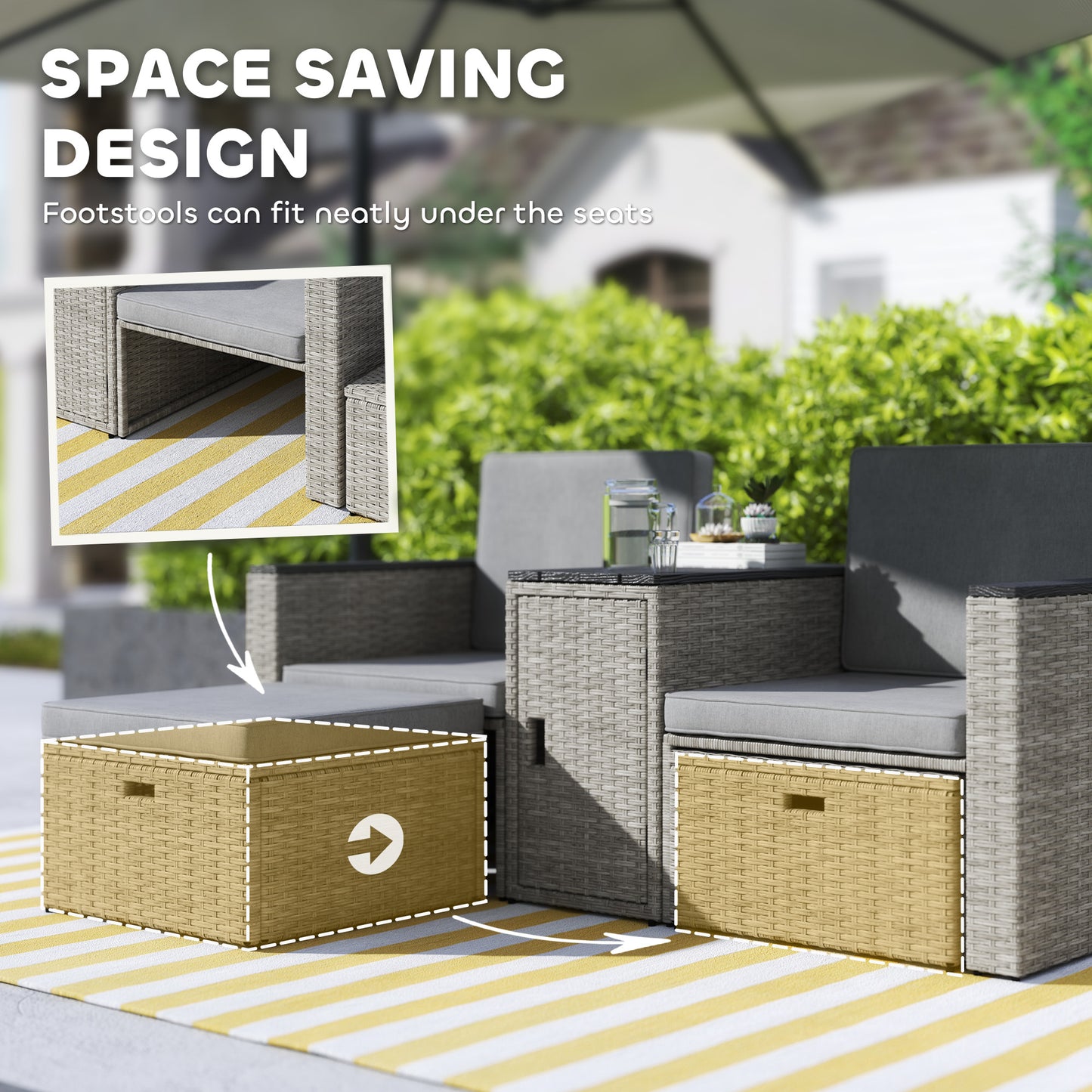 Outsunny 5 Piece Rattan Garden Furniture Set, Nesting Sofa with Footstools, WPC Storage Coffee Table & Cushions, Grey