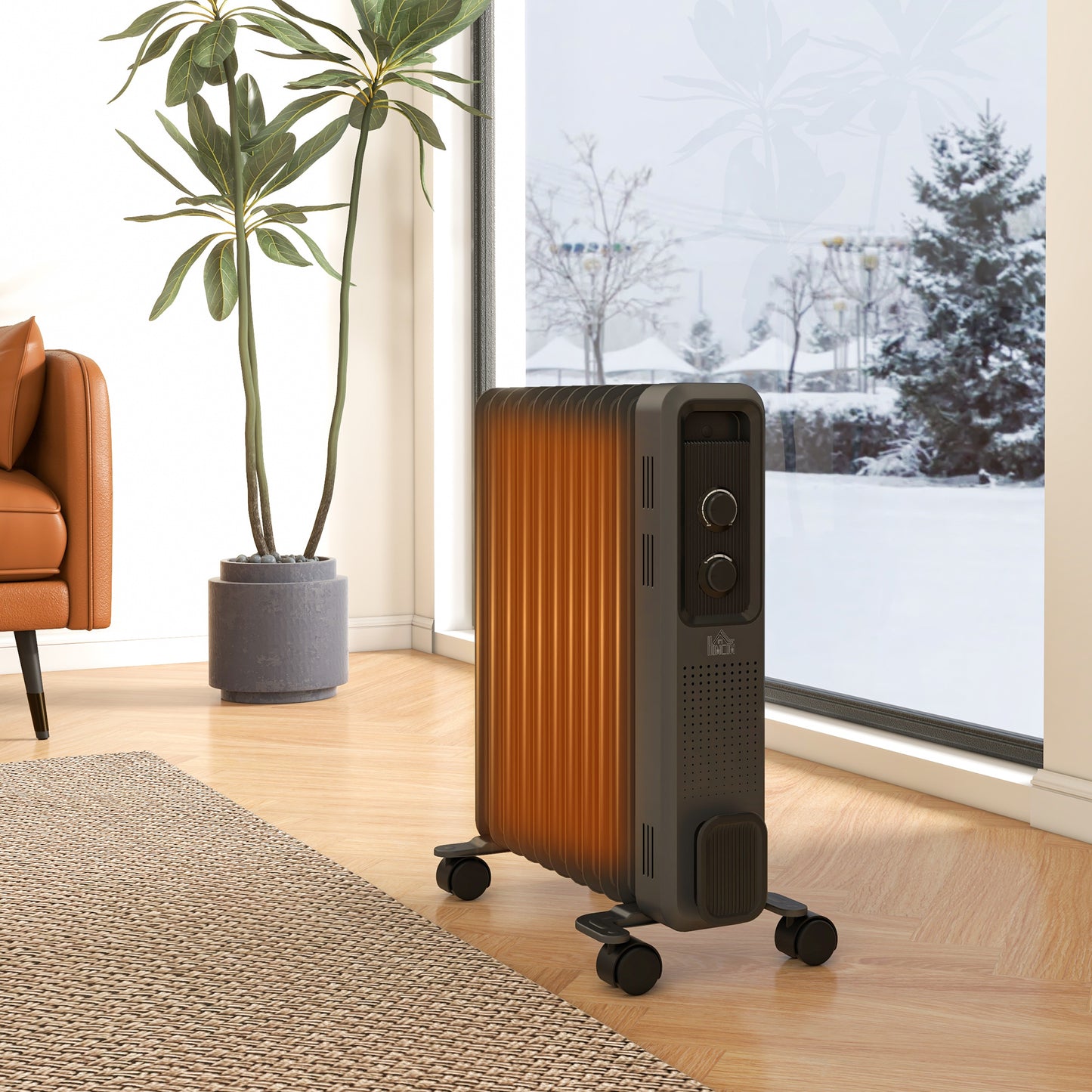 HOMCOM 2500W Oil Filled Radiator, 11 Fin, Portable Electric Heater with 3 Heat Settings, Safety Cut-Off and Wheels, Grey