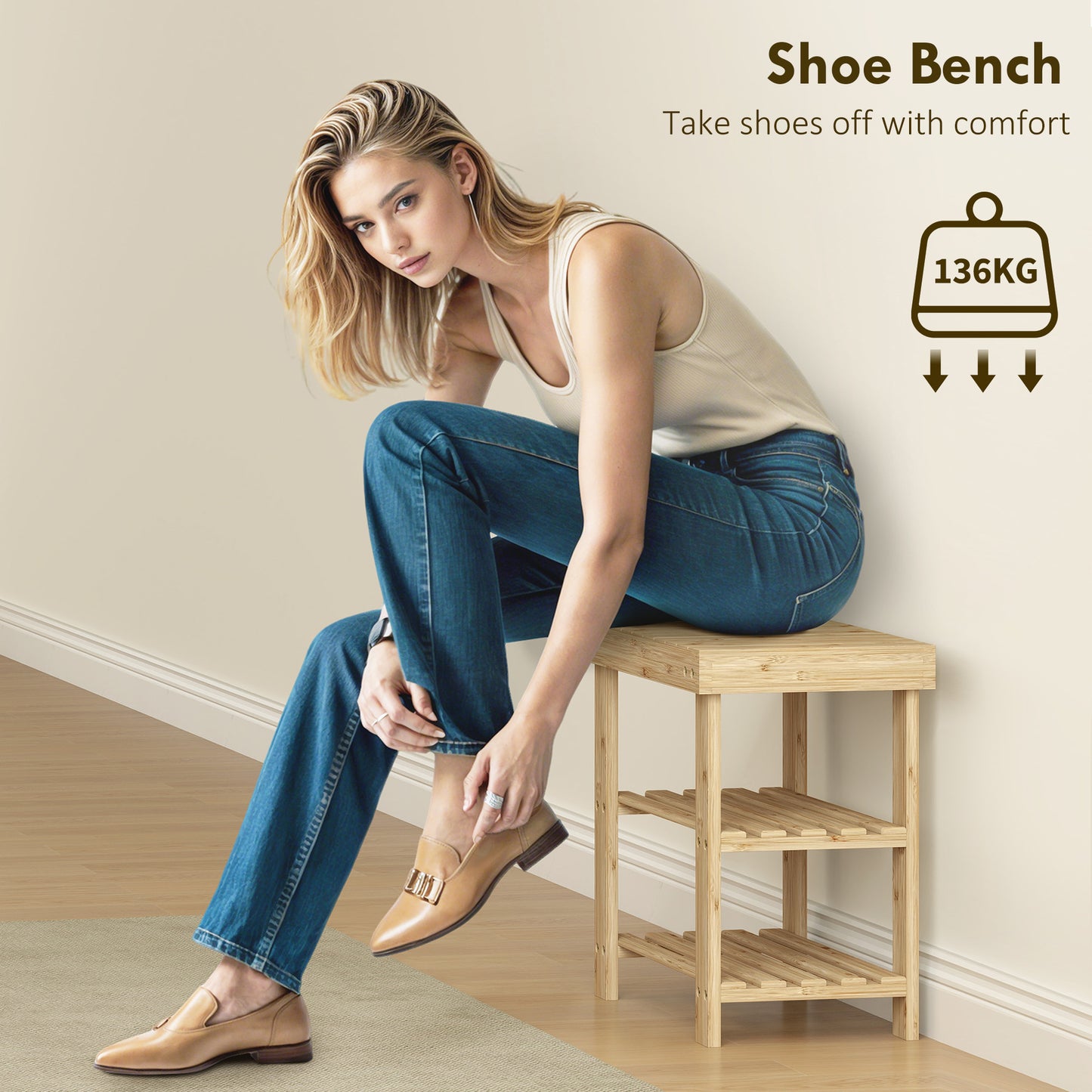 HOMCOM 3-Tier Bamboo Shoe Storage Bench - Nature Wood Finish