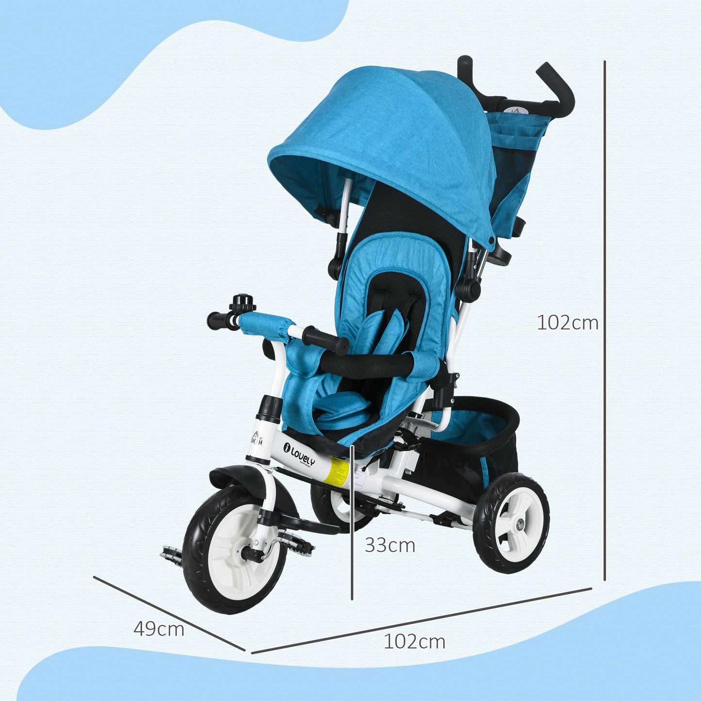 HOMCOM 4 in 1 Kids Trike Push Bike w/ Push Handle 5-point Safety Belt for 1-5 Year olds Blue