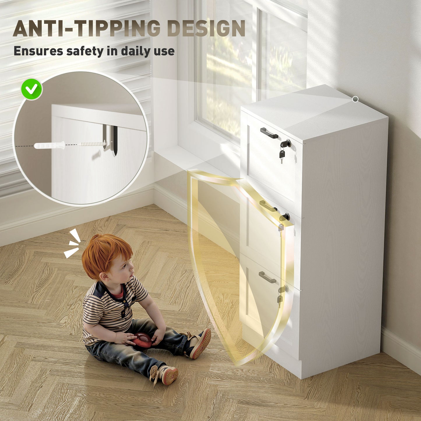 HOMCOM 3-Drawer Filing Cabinet with Lock - White