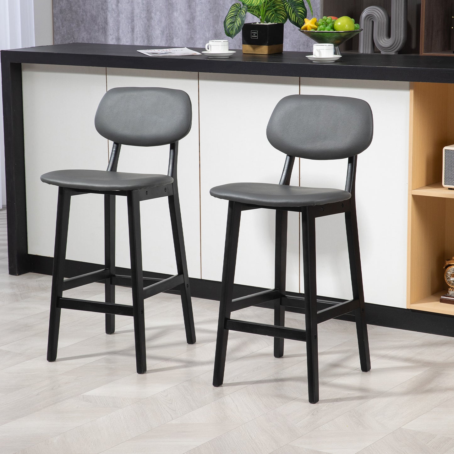HOMCOM Set of 2 Faux Leather Bar Stools - Dark Grey