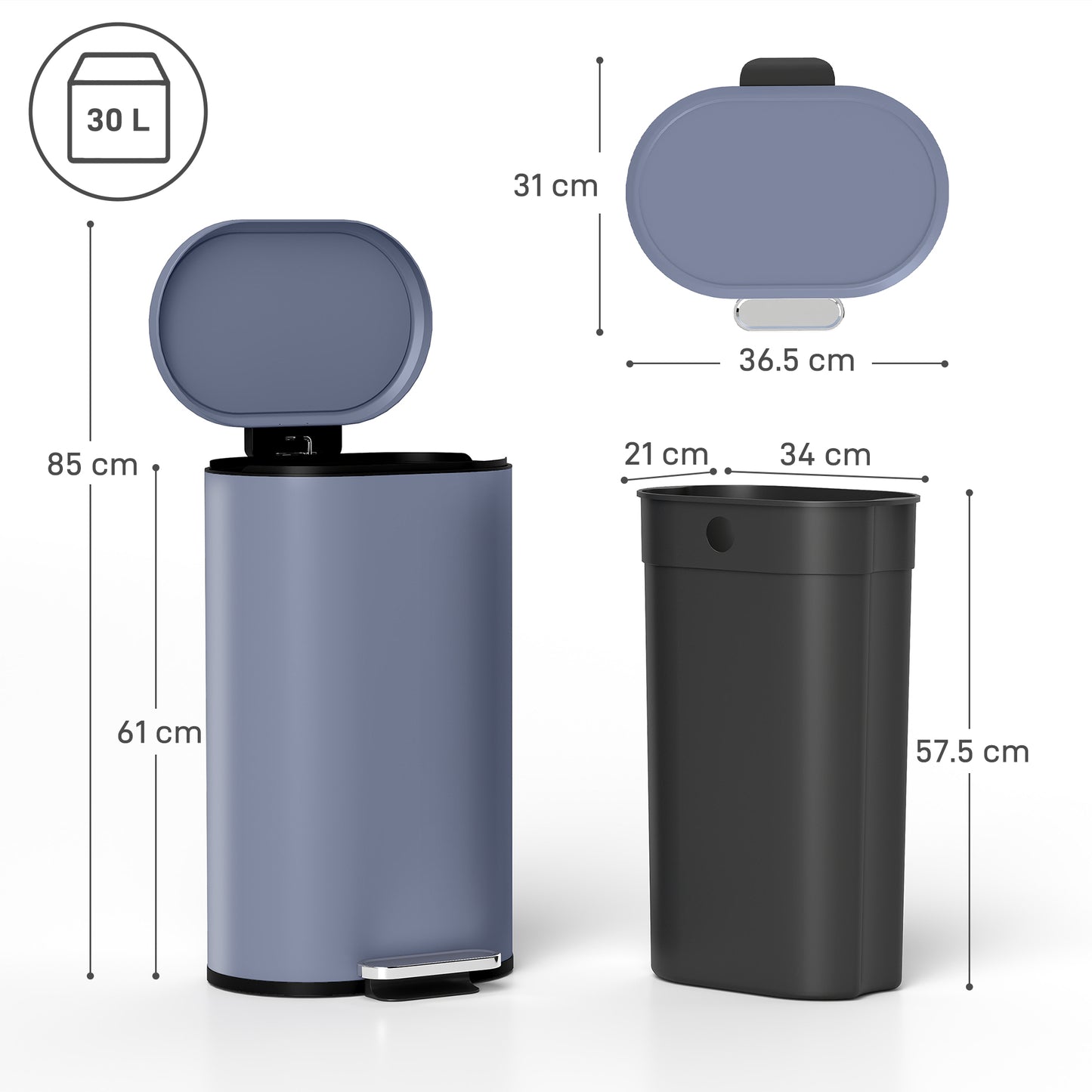 HOMCOM 30L Kitchen Bin, Slim Pedal Bin with 90° Stay-Open & Soft-Close Lid, Removable Inner Bucket, Fingerprint-Resistant, Grey