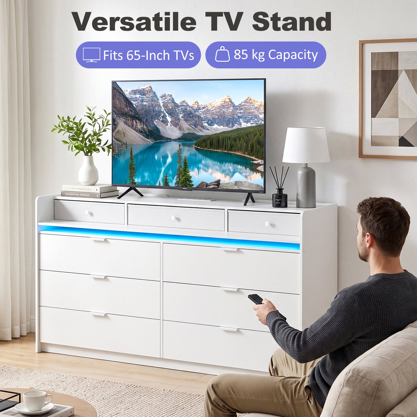 HOMCOM Chest of Drawers for Bedroom with LED Light & Charging Station, 9 Drawers Storage Unit/TV Stand, White