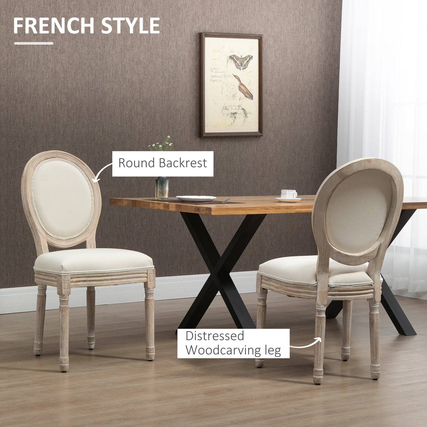 HOMCOM 2 French-Style Dining Chairs with Linen Upholstery - Cream ...