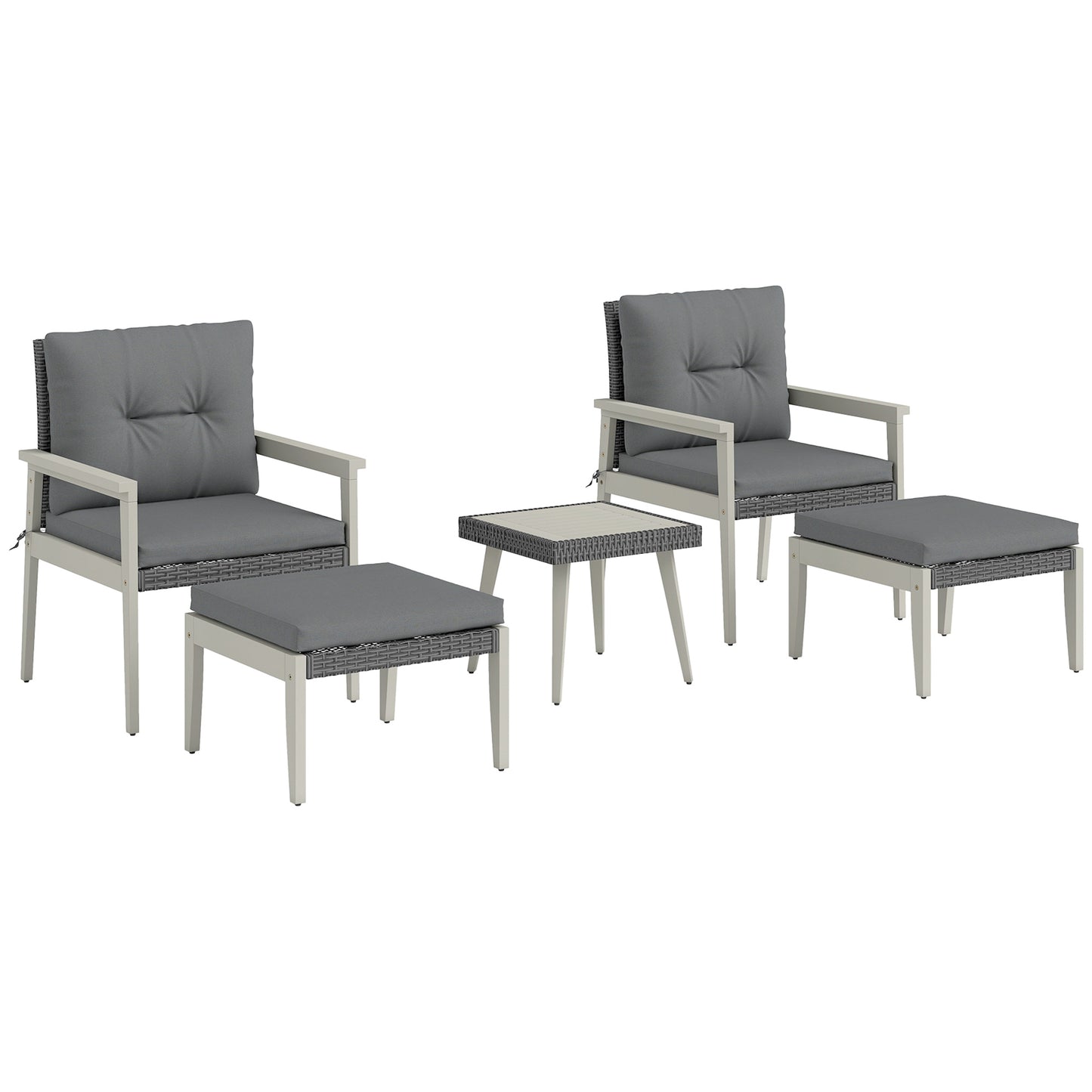Outsunny 5-Piece Rattan Garden Furniture Set, Patio Conversation Set with Cushions, Wood Coffee Table & Footstools, Outdoor, Grey
