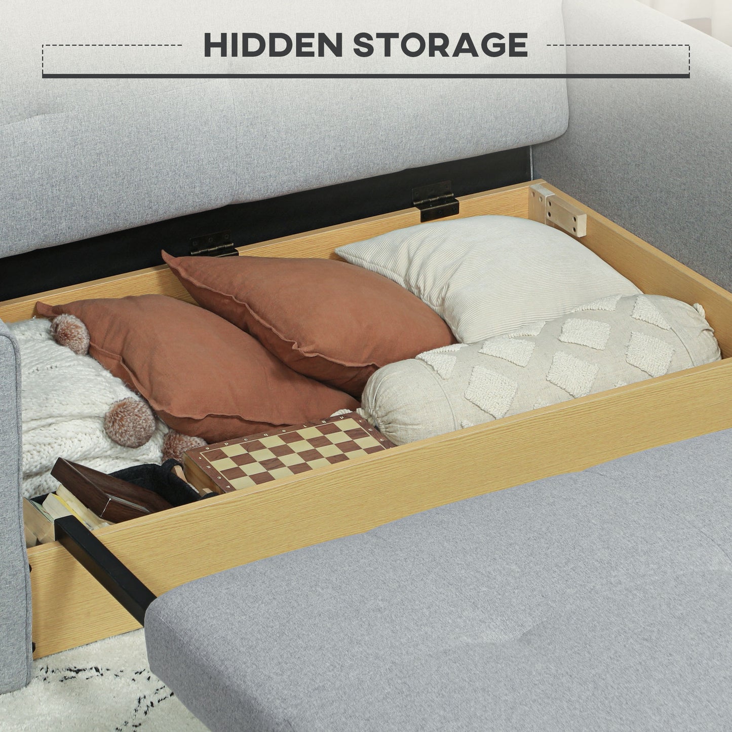 HOMCOM 2 Seater Sofa Bed, Convertible Loveseat with 2 Cushions, Hidden Storage, Modern Fabric for Living or Guest Room, Light Grey