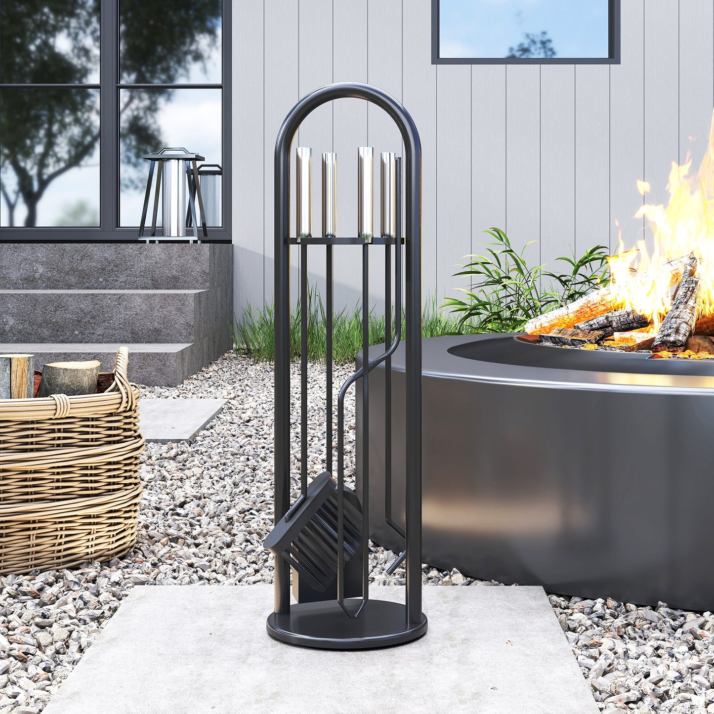 Outsunny 5-Piece Fireplace Set, Metal Accessories with Broom, Shovel, Poker, Tongs, Stand, Silver