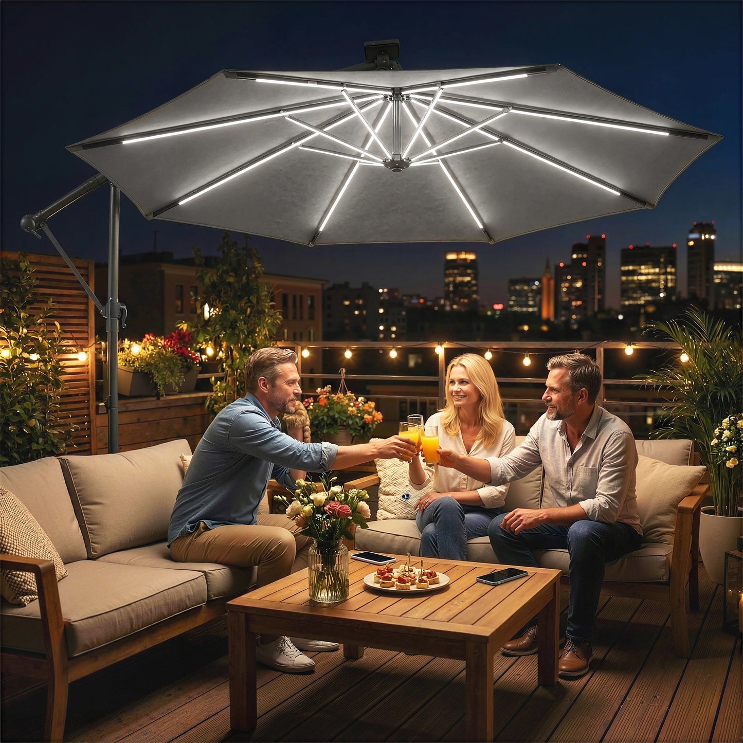 Outsunny 3 m Garden Cantilever Parasol with LED Solar Light, Round Overhanging Umbrella with 360° Rotation, Cover, Grey