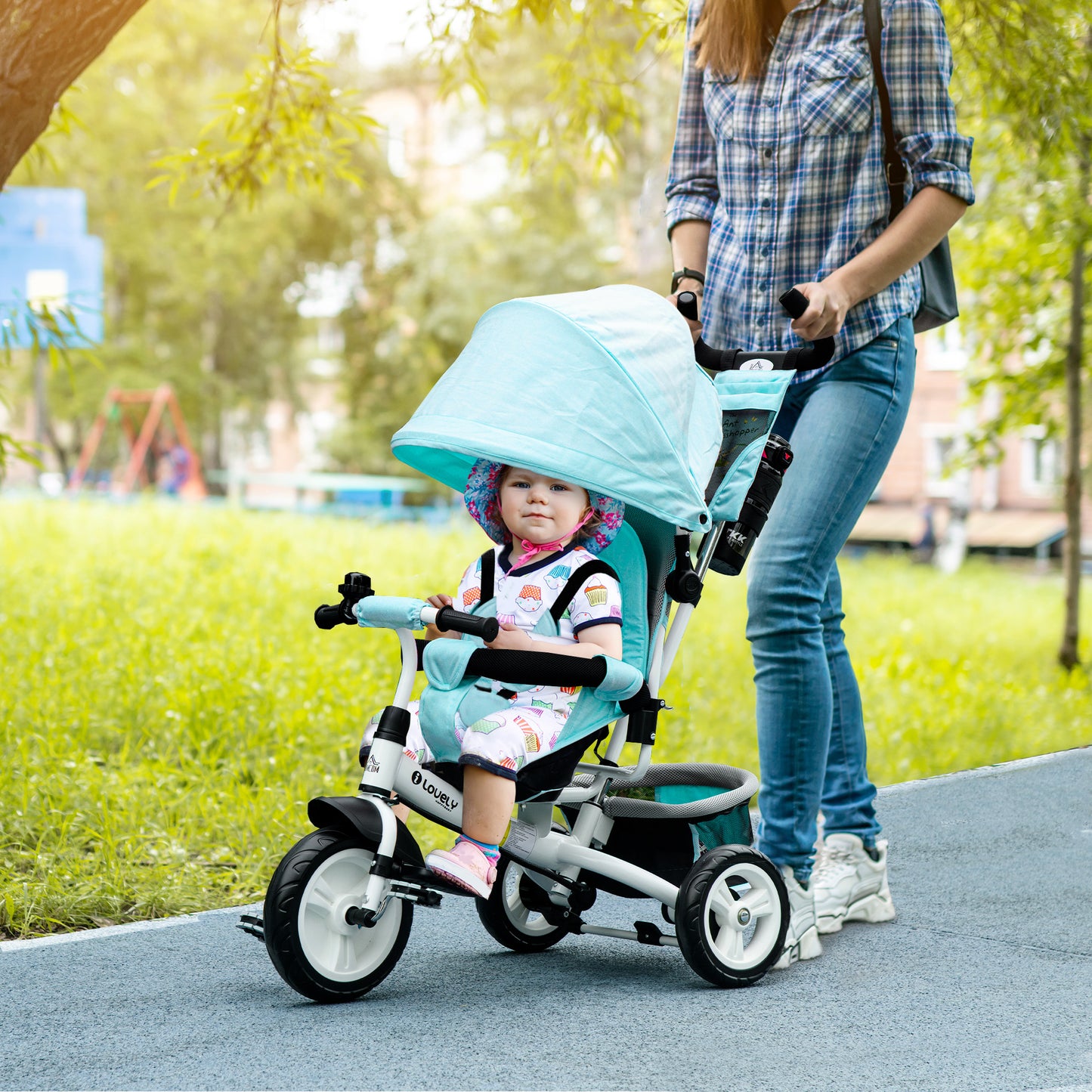 HOMCOM 4 in 1 Kids Trike Push Bike w/ Push Handle Canopy 5-point Safety Belt Storage Footrest Brake for 1-5 Years Green