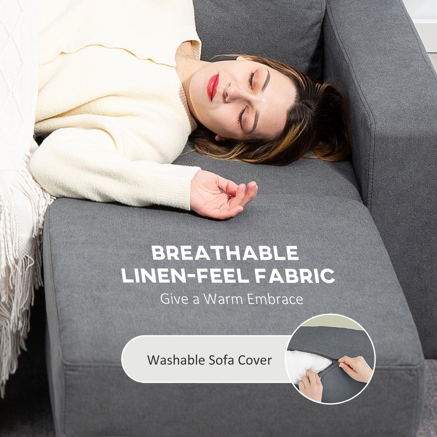 HOMCOM 3 Seater Fabric L-Shaped Sofa with Footstool, Sectional Couch, Wood Legs, Tufted Back for Small Spaces, Living Room/Office, Dark Grey