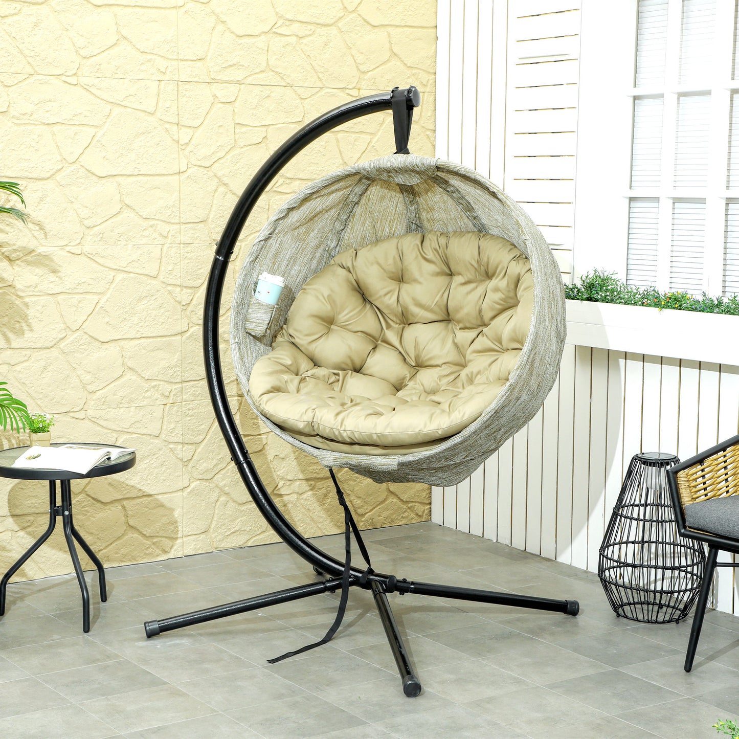Outsunny Hanging Egg Chair: Indoor/Outdoor Swing with Stand, Cushion, Cup Holder for Patio/Balcony, Khaki