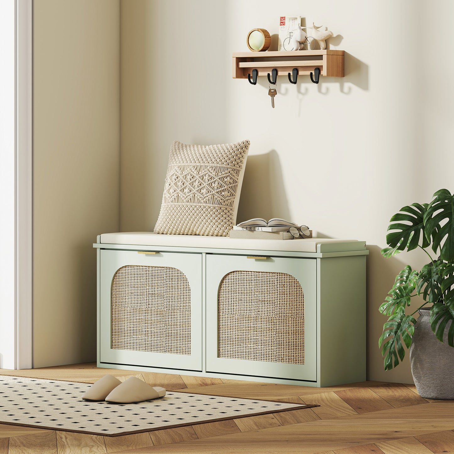 HOMCOM Boho Shoe Bench with Padded Seat and 2 Flip-Drawers - Light Green