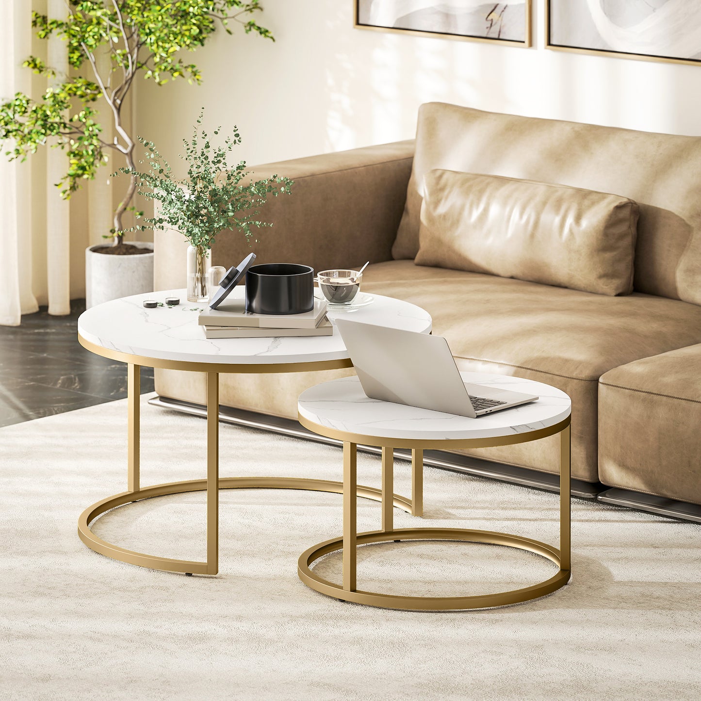 HOMCOM 2 Pcs Stacking Coffee Table Set Nesting Tables with Steel Frame for Living Room Marble White/Gold
