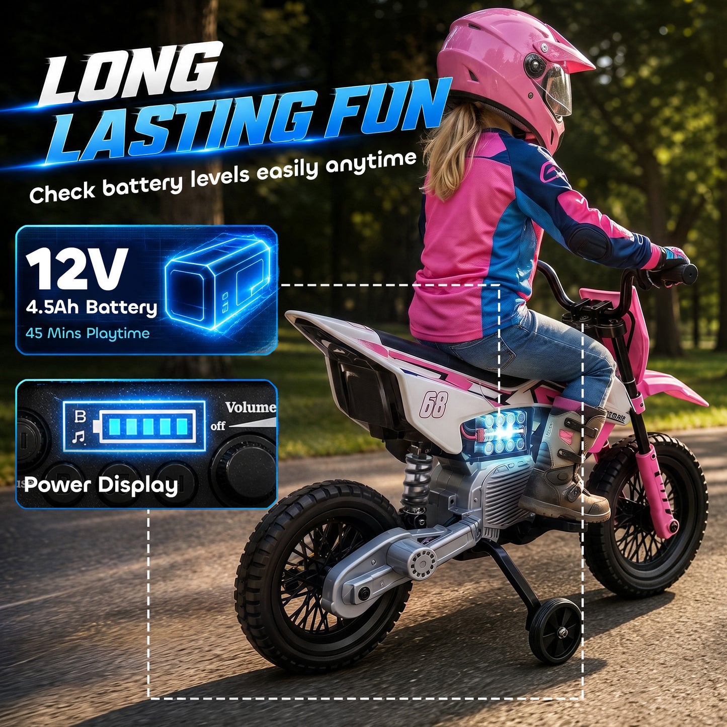 AIYAPLAY Kids Electric Motorcycle, 12V Ride On Motorbike with Training Wheels, Soft Start, Suspension, Music for 3–6 Years, Pink