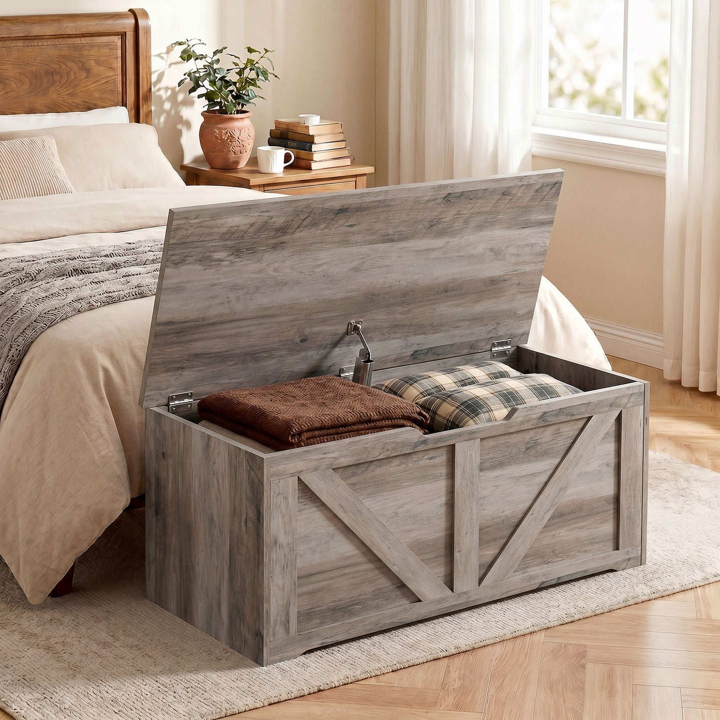 HOMCOM 100L Home Storage Box, with Safety Hinge - Grey Wood-Effect
