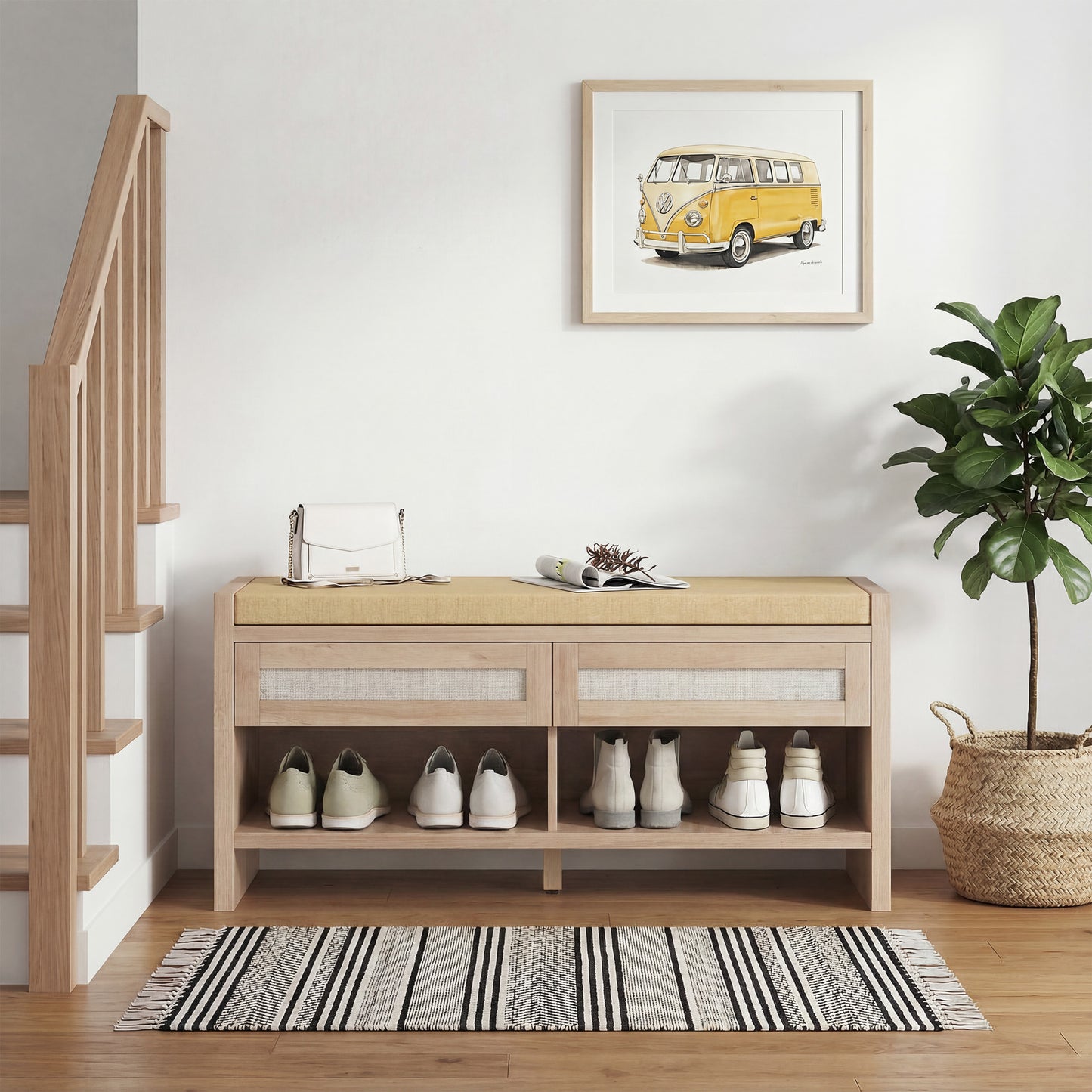HOMCOM Boho Shoe Bench with 2 Rattan Drawers, Shoe Storage Bench with Cushioned Seat and Open Shelf Oak Wood Effect