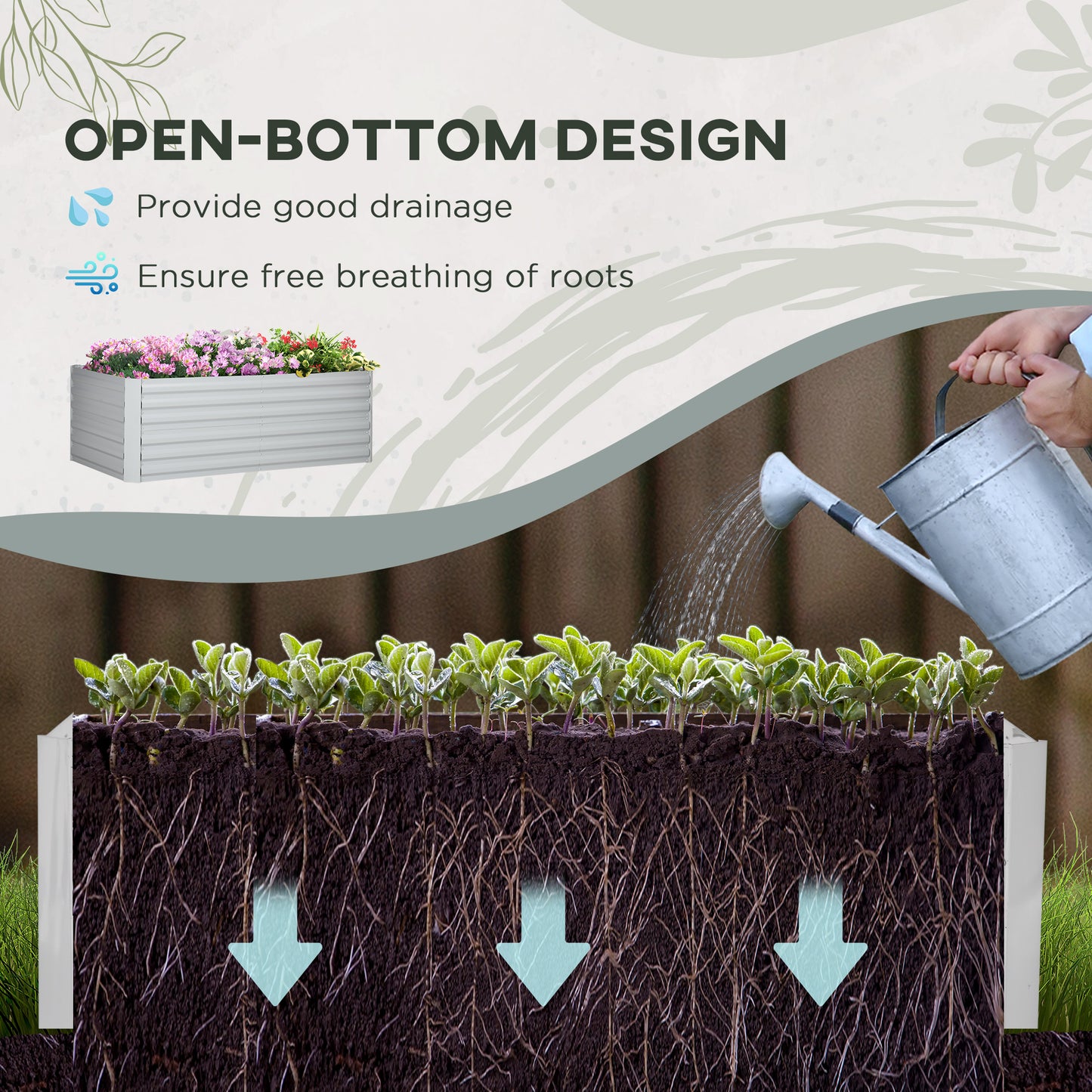 Outsunny Set of 2 Raised Garden Beds, Galvanised Steel Planters with Reinforced Rods for Vegetables, Plants, Flowers, 180x90x59 cm, Light Grey