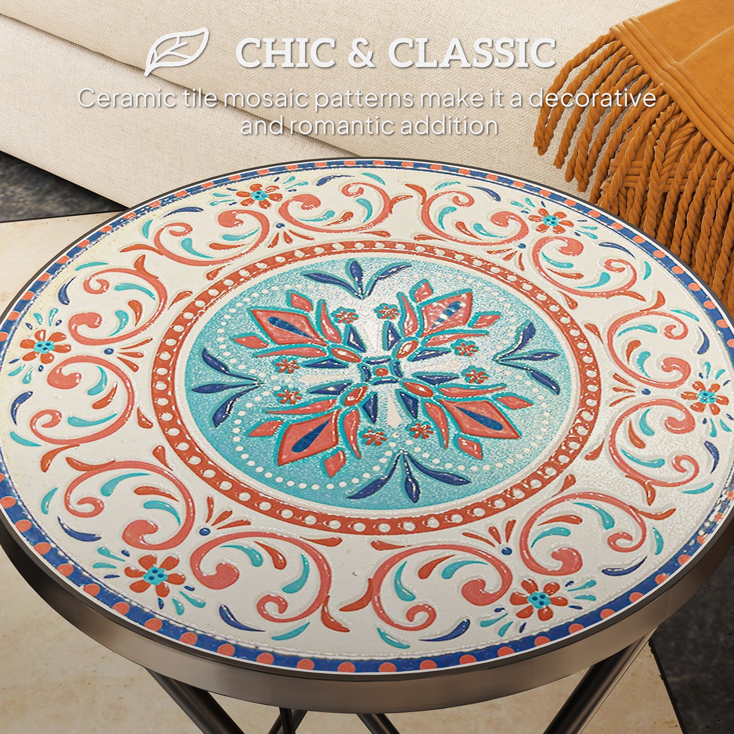 Outsunny Mosaic Garden Table, 35.5cm Round Folding Coffee Table with Metal Frame, Indoor Outdoor Table for Balcony Terrace, Multicolour
