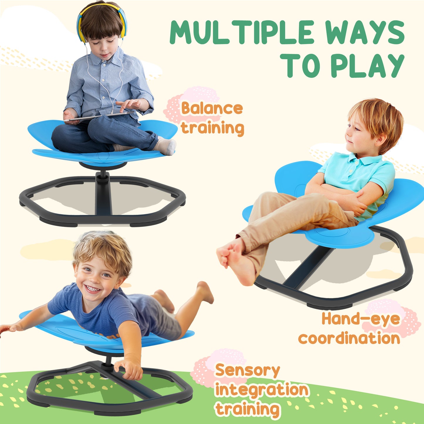 AIYAPLAY Butterfly-Shaped-kids Swivel Chair, Sensory Spinning Chair for Balance, Coordination Training, Blue