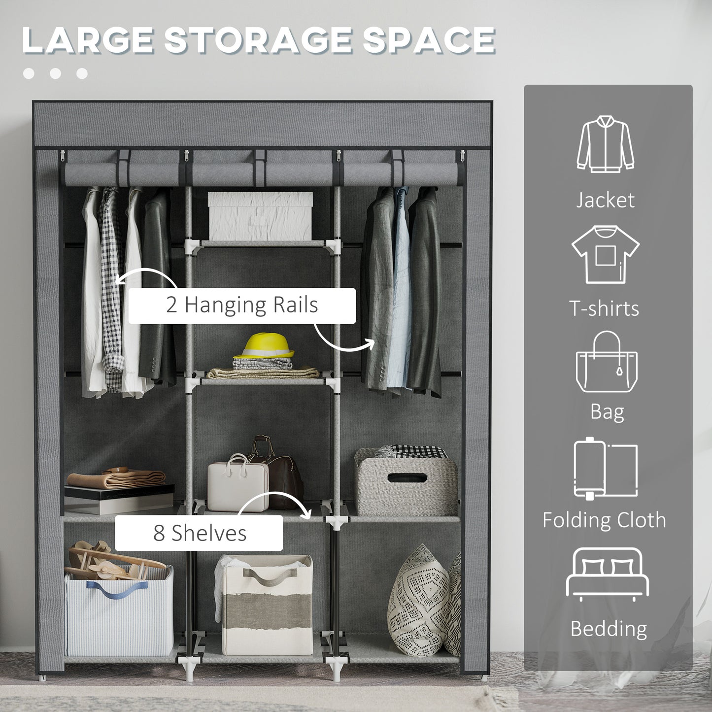 HOMCOM Fabric Wardrobe, Portable Wardrobe, Clothes Storage Unit with 8 Shelves, 2 Hanging Rods, 125 x 43 x 162.5 cm, Dark Grey