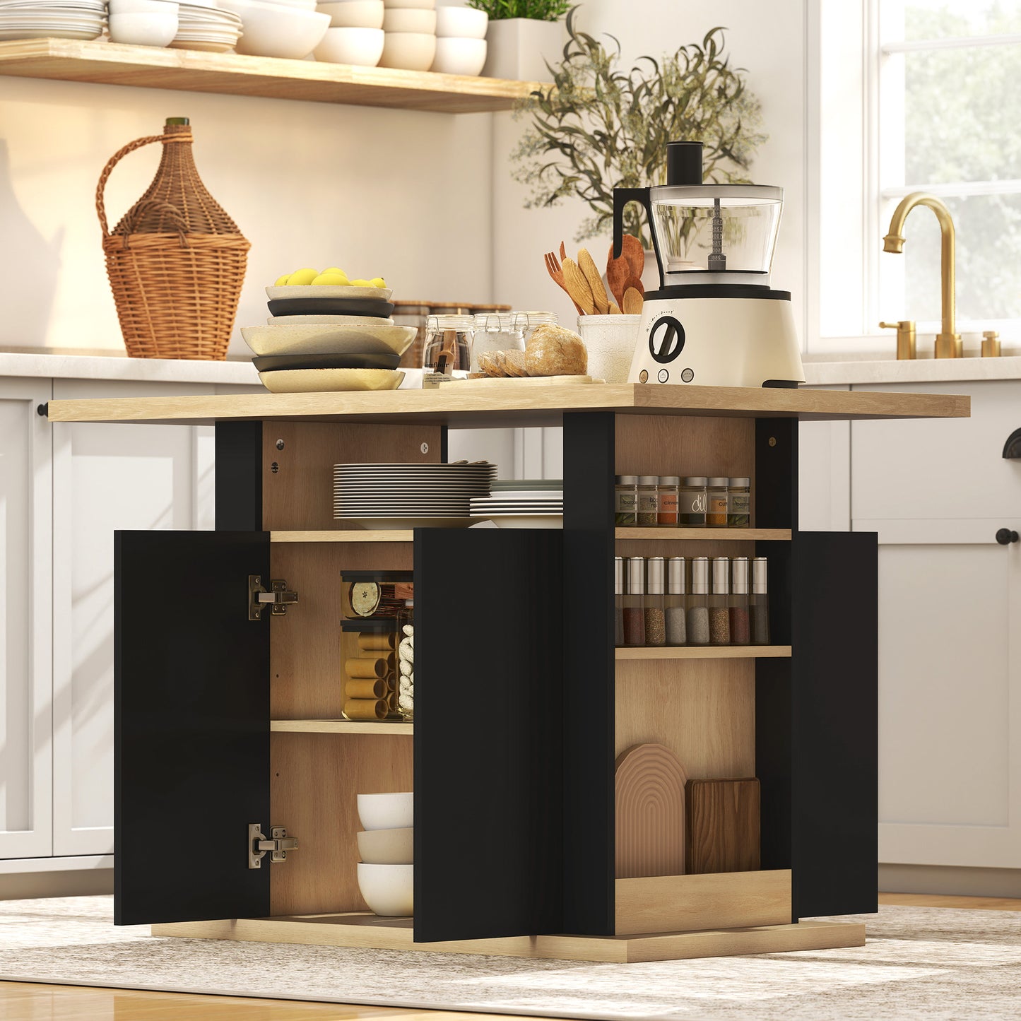 HOMCOM Kitchen Island with Spice Rack, Kitchen Storage with Large Tabletop for 4-6 People, Adjustable Shelves Black & Natural