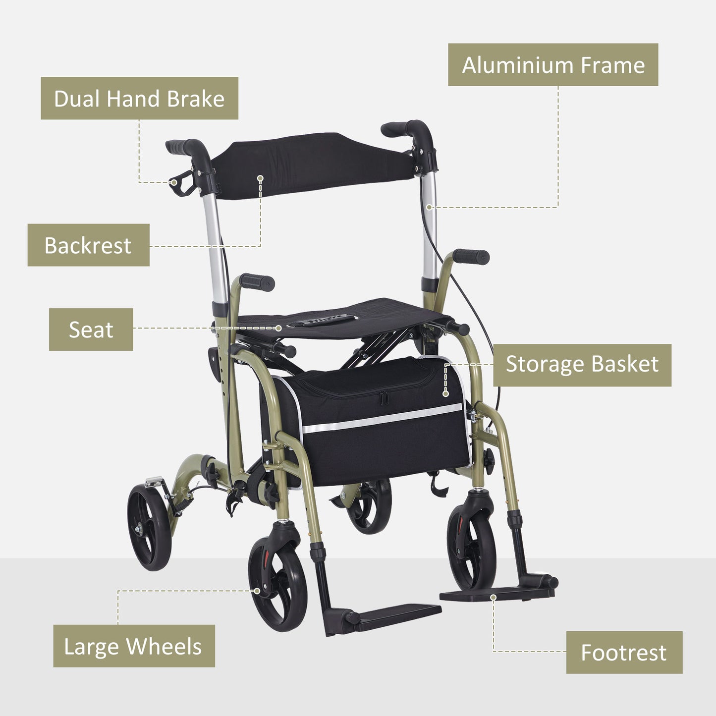 HOMCOM 2-in-1 Wheelchair & Rollator Walker, Footrest, Adjustable Height, Yellow-Green