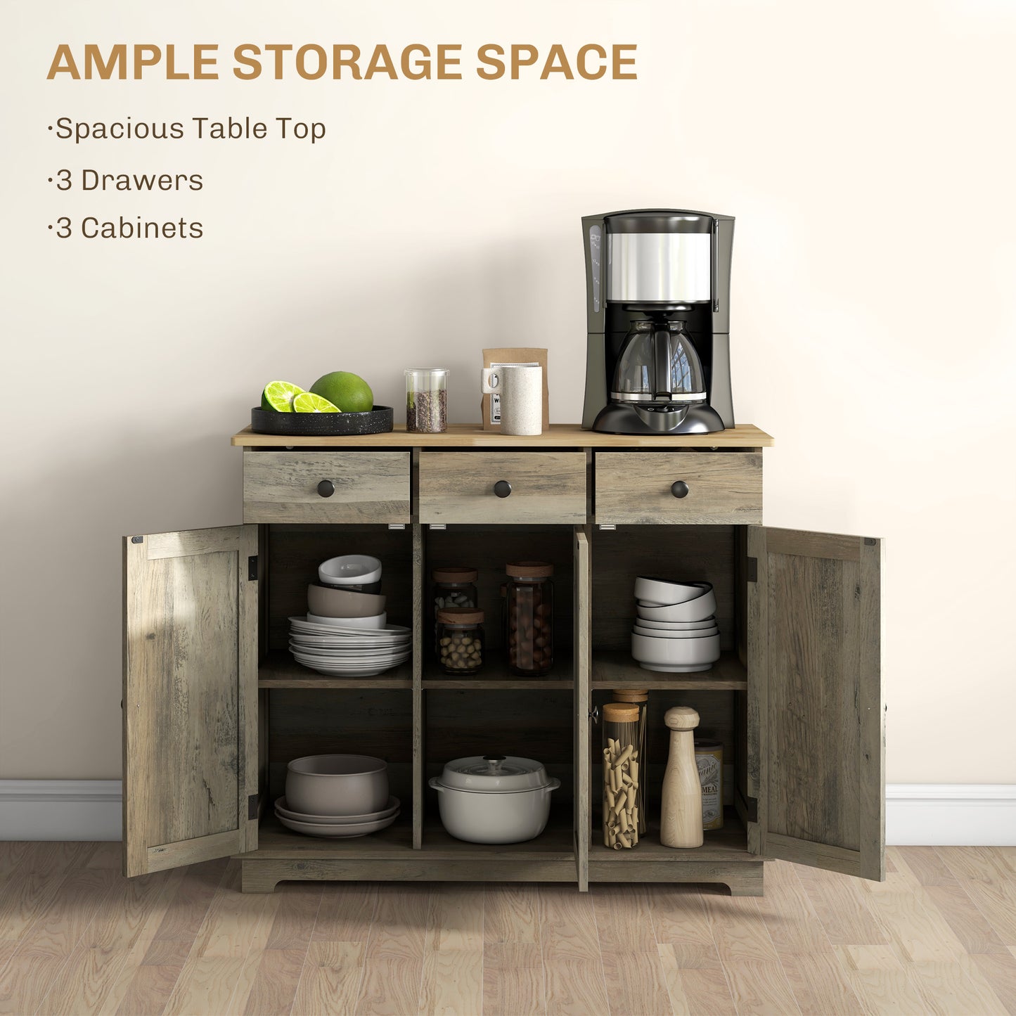 HOMCOM Sideboard with Rubberwood Top, Buffet Cabinet with Storage, Drawers, Adjustable Shelves for Dining Room/Kitchen, Grey Wood-Effect