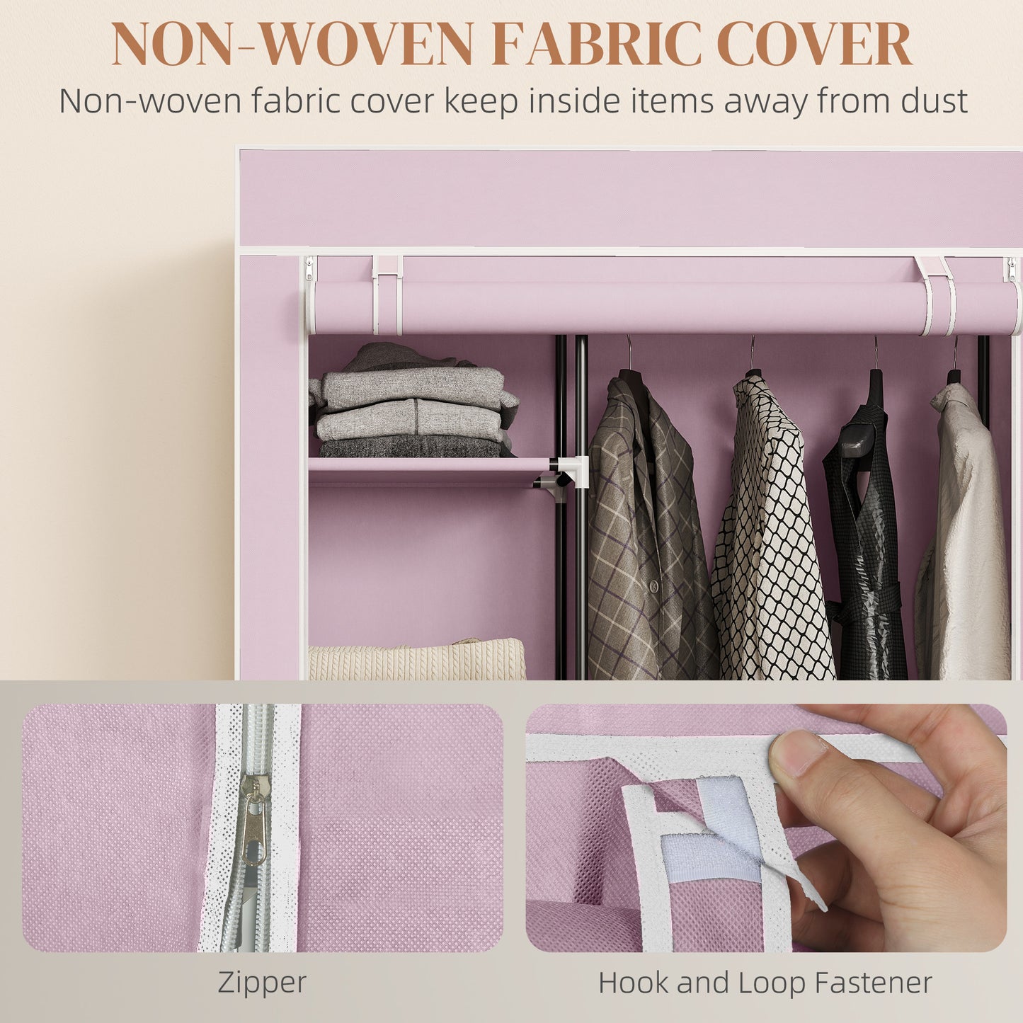 HOMCOM Fabric Wardrobe, Portable Wardrobe with 6 Shelves, 1 Hanging Rail, Pink