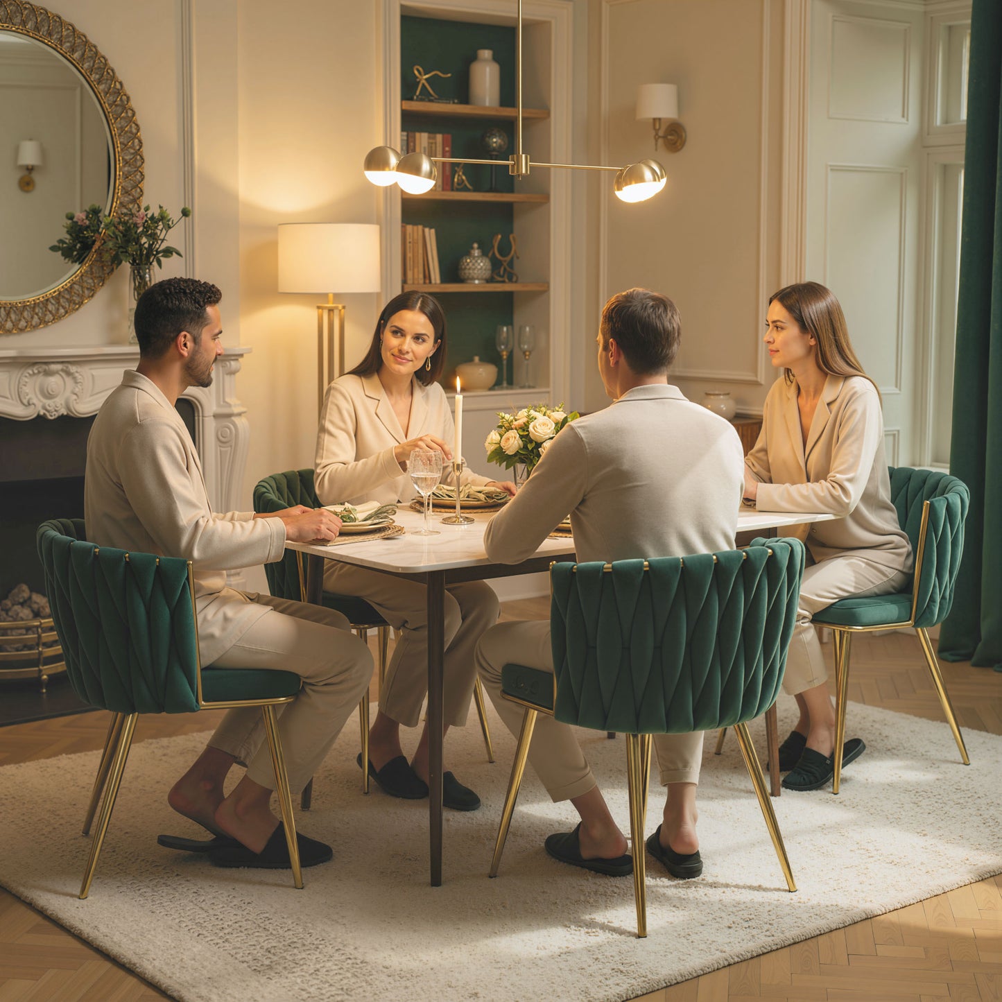 HOMCOM Velvet Dining Chairs Set of 2 with Metal Legs Green
