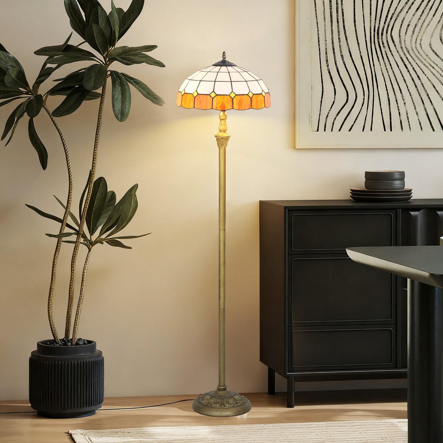 HOMCOM Tiffany-Style Floor Lamp, 152cm Vintage Standing Lamp with Stained Glass Shade, Foot Switch, Dual Sockets, Bronze Tone, Orange