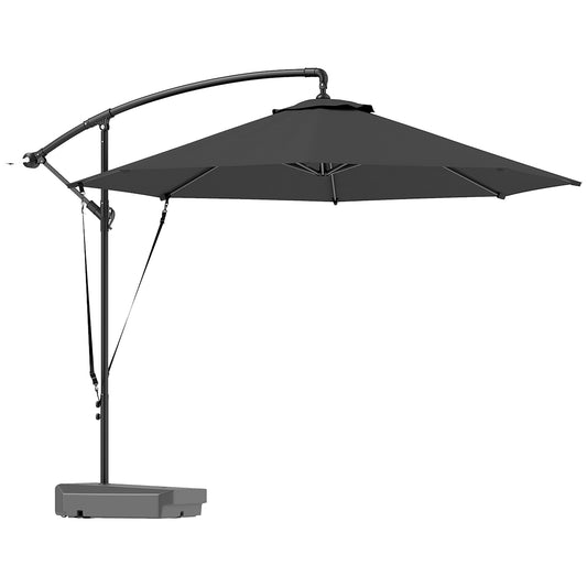 Outsunny Garden Cantilever Parasol with Fillable Base, Wind Strap, Cover, Crank Handle, Tilt, UPF50+ Sun Shade, Grey