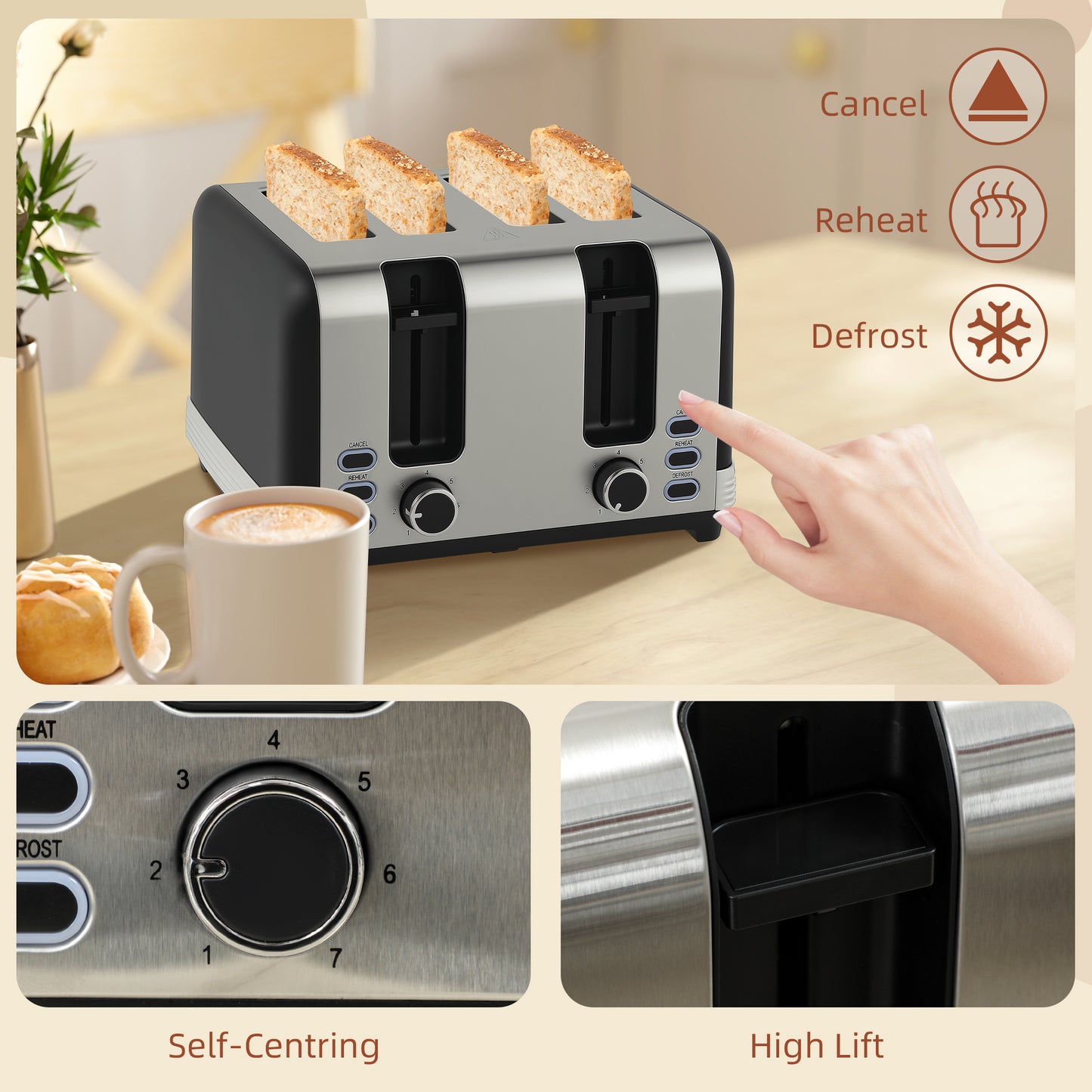 HOMCOM Stainless Steel Kettle and Toaster Set, 1.7L Rapid Boil Kettle, Limescale Filter, 4 Slice Toaster, 7 Browning Levels, Black/Silver