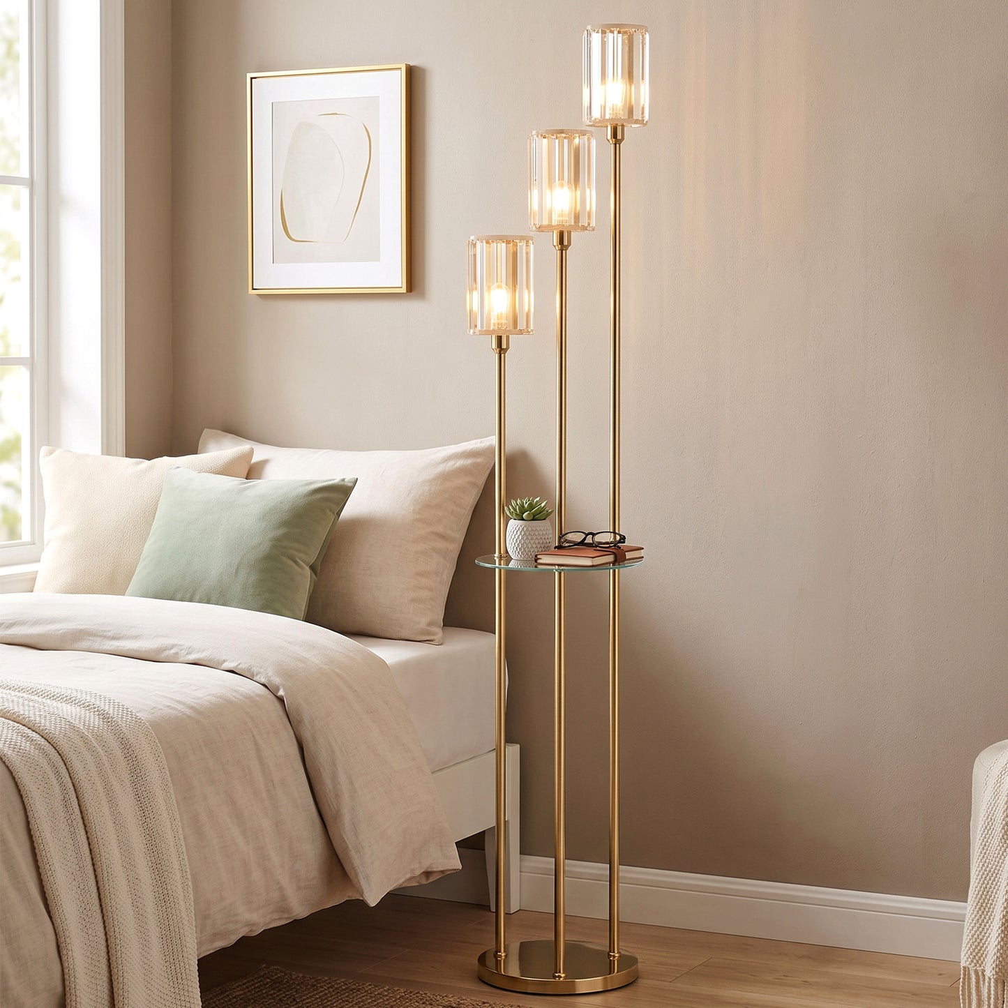 HOMCOM Floor Lamp with Shelves, 3-Light Crystal Standing Lamp with Glass Shades and Foot Switch, Bulbs Not Included, Gold Tone