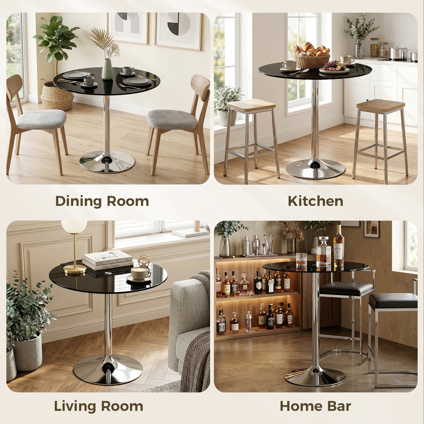 HOMCOM Round Bar Table, Modern Dining Table with Tempered Glass Top and Steel Frame for 4, 80 x 80 x 77cm, Black