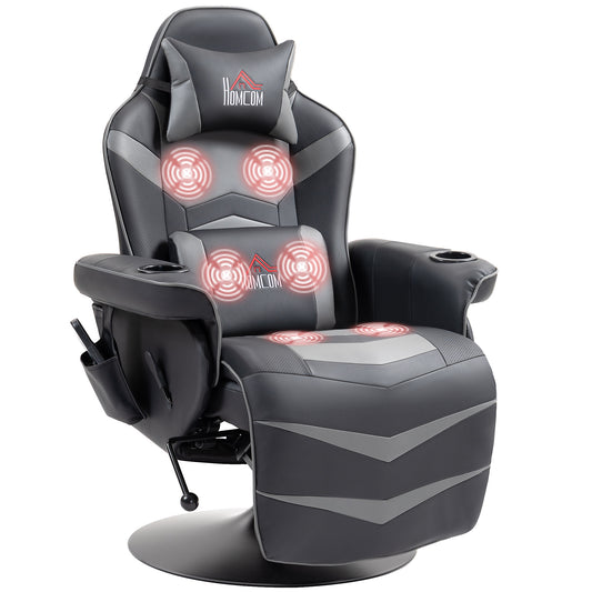 HOMCOM Massage Recliner Chair with Remote, PU Leather Armchair with Cup Holders, Side Pockets, Headrest, 360° Swivel, Lumbar Support, Grey