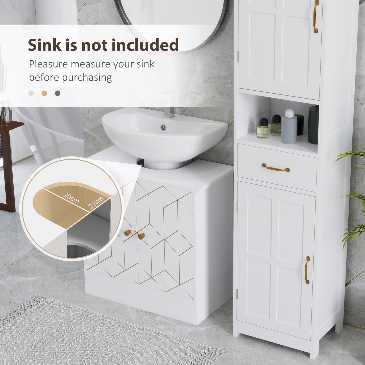 HOMCOM Under Sink Bathroom Cabinet, Adjustable Shelf & Open Compartment, Fits Basin with/without Pedestal, 60x30x60cm, White