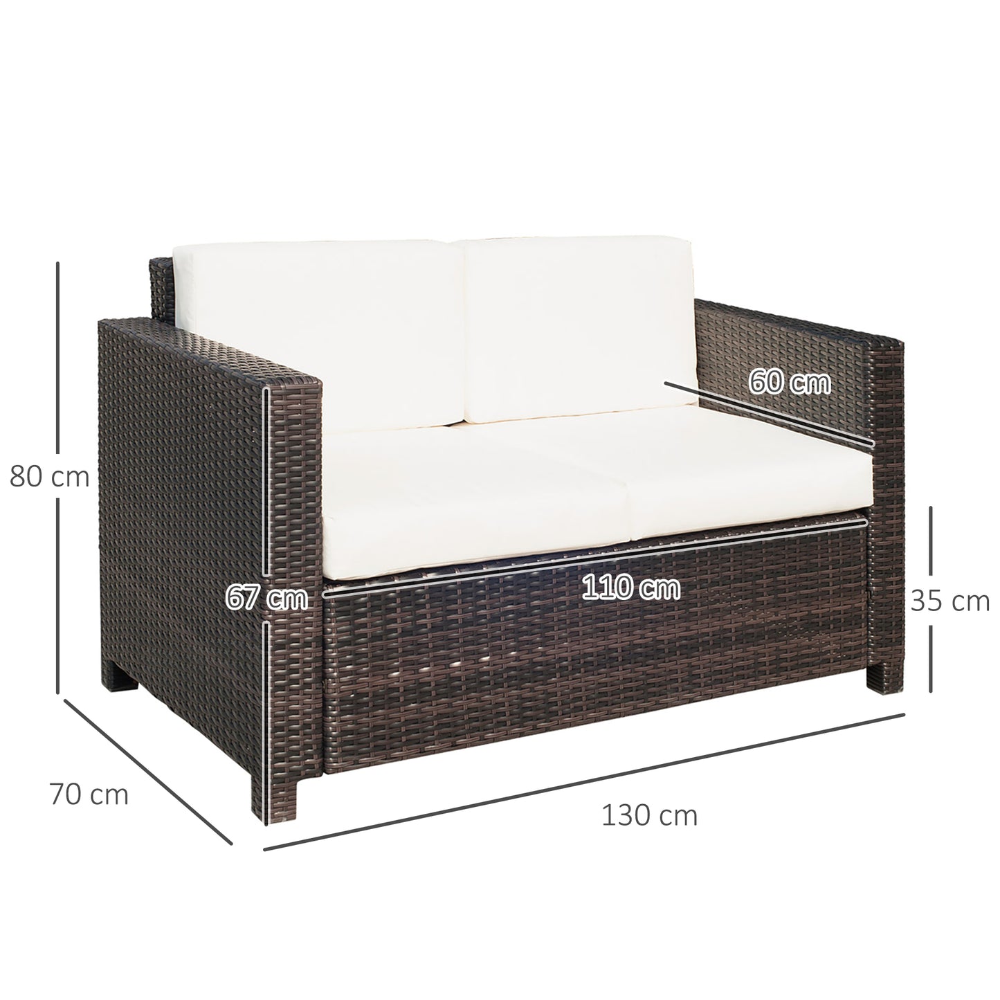 Outsunny 2 Seater Garden Furniture, Rattan Sofa with Soft Padded Cushion and Armrests, Wicker Garden Loveseat for Patio, Mixed Brown