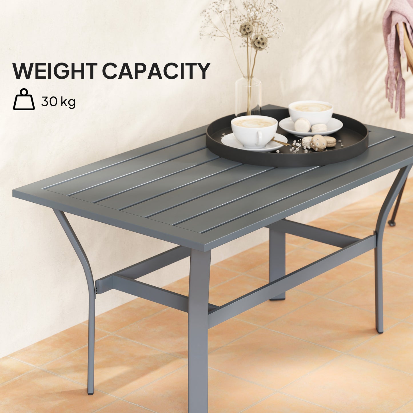Outsunny Metal Garden Coffee Table, Rectangular Outdoor Side Table with Slatted Top, Foot Pads, 91.5x55x45cm, Dark Grey