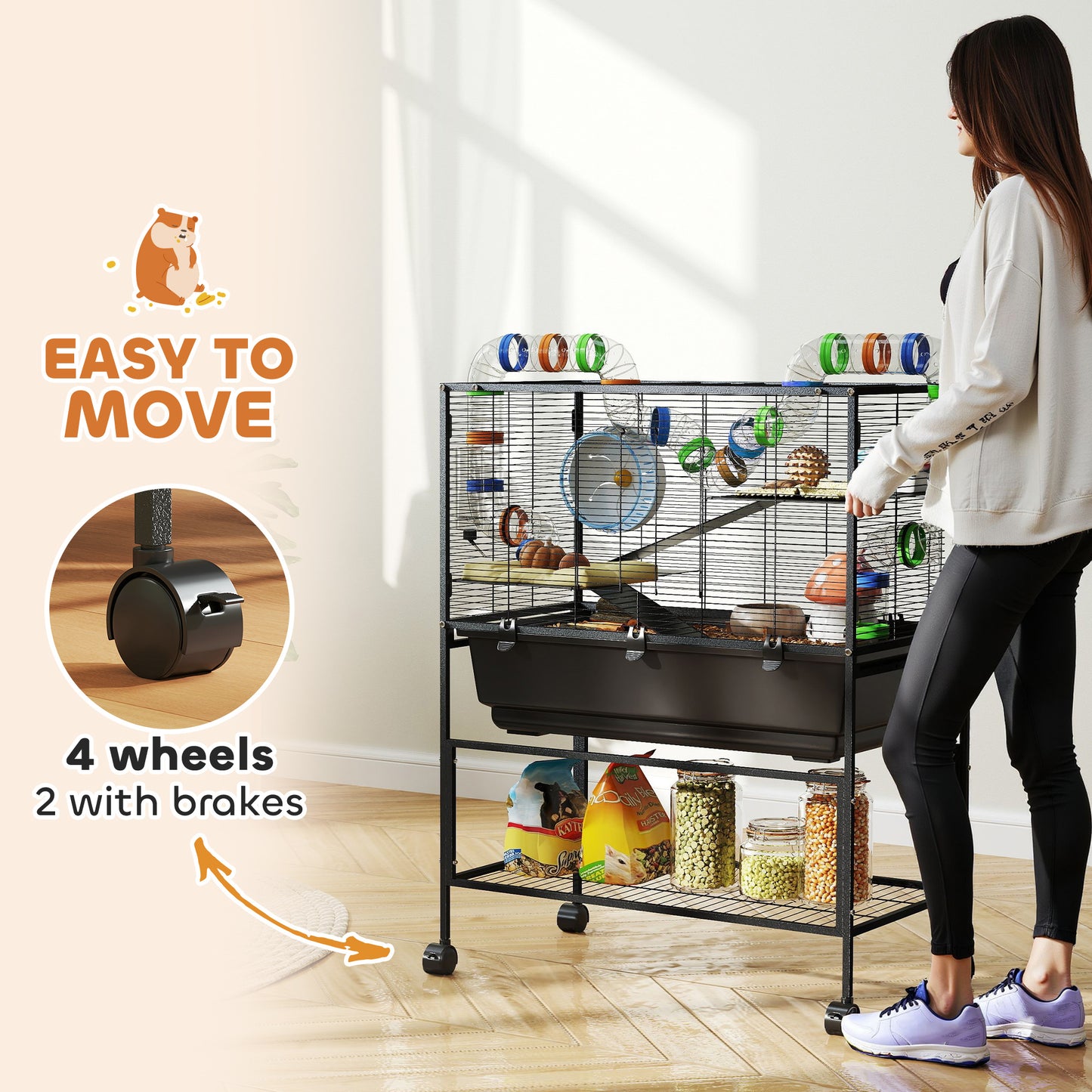 PawHut 3 Tier Large Hamster Cage on Wheels with 17 cm Deep Tray, Storage Shelf for Syrian, Gerbil, Rats