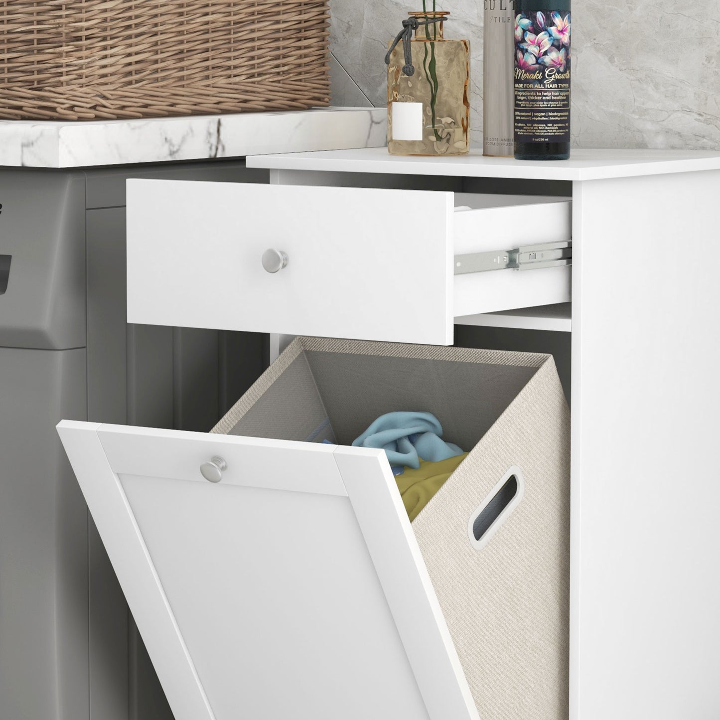 HOMCOM Bathroom Cabinet with Laundry Basket, Storage Unit with Drawer, White