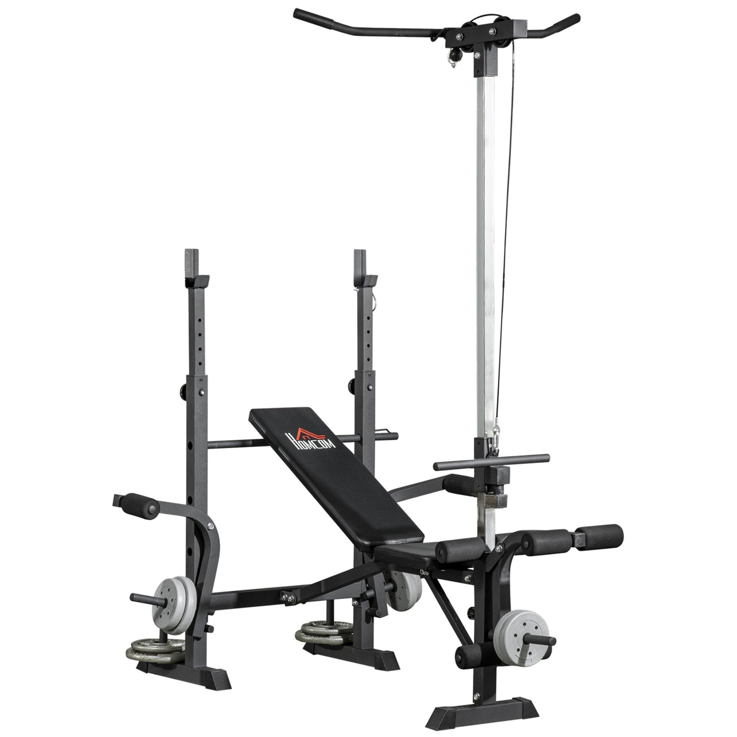 HOMCOM Adjustable Weight Bench with Pulley System, Squat Rack, Leg Developer, Butterfly, Weight Storage for Home Gym Workout, Black.