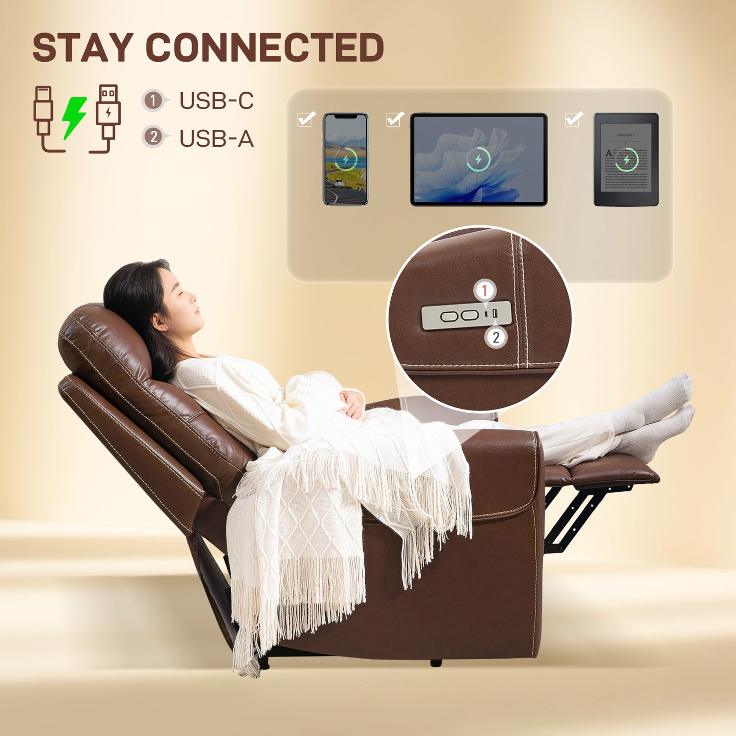 HOMCOM Power Lift Recliner Chair, Faux Leather, USB A+C Ports, Remote Control, Recliner Armchair for Elderly, Living Room, Brown